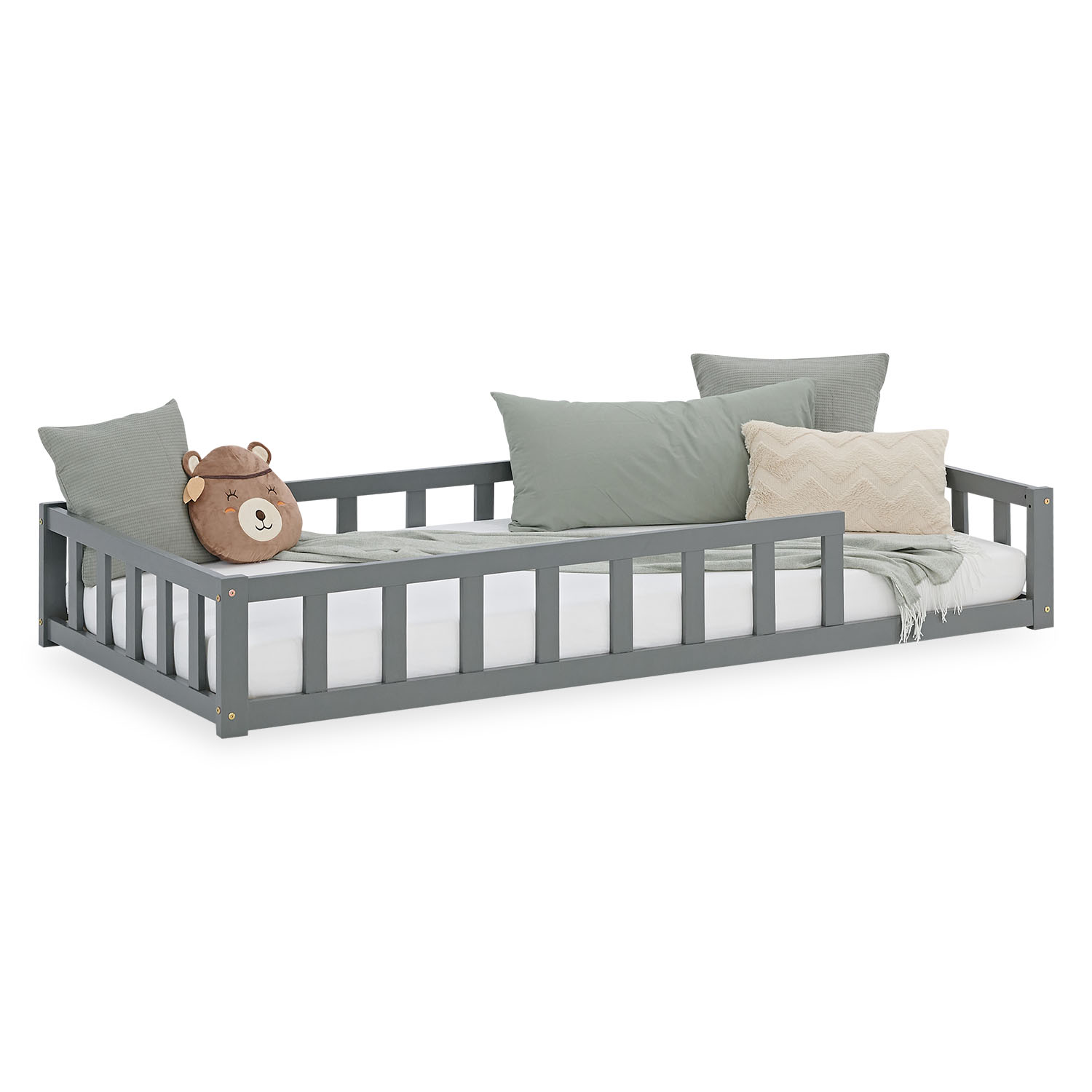 Children's Bed 90x200 Grey | Floor Bed with Slatted Frame | with Fall Protection | Montessori