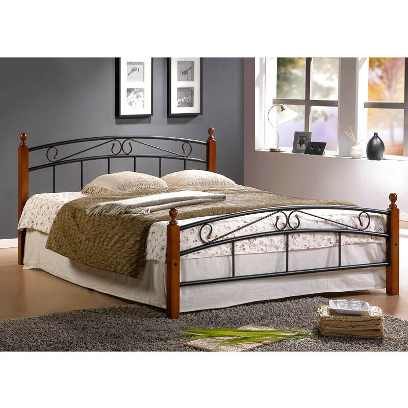 Metal Bed Iron Bed Double 140 x 200 Wood Slatted black brown bed frame 8077