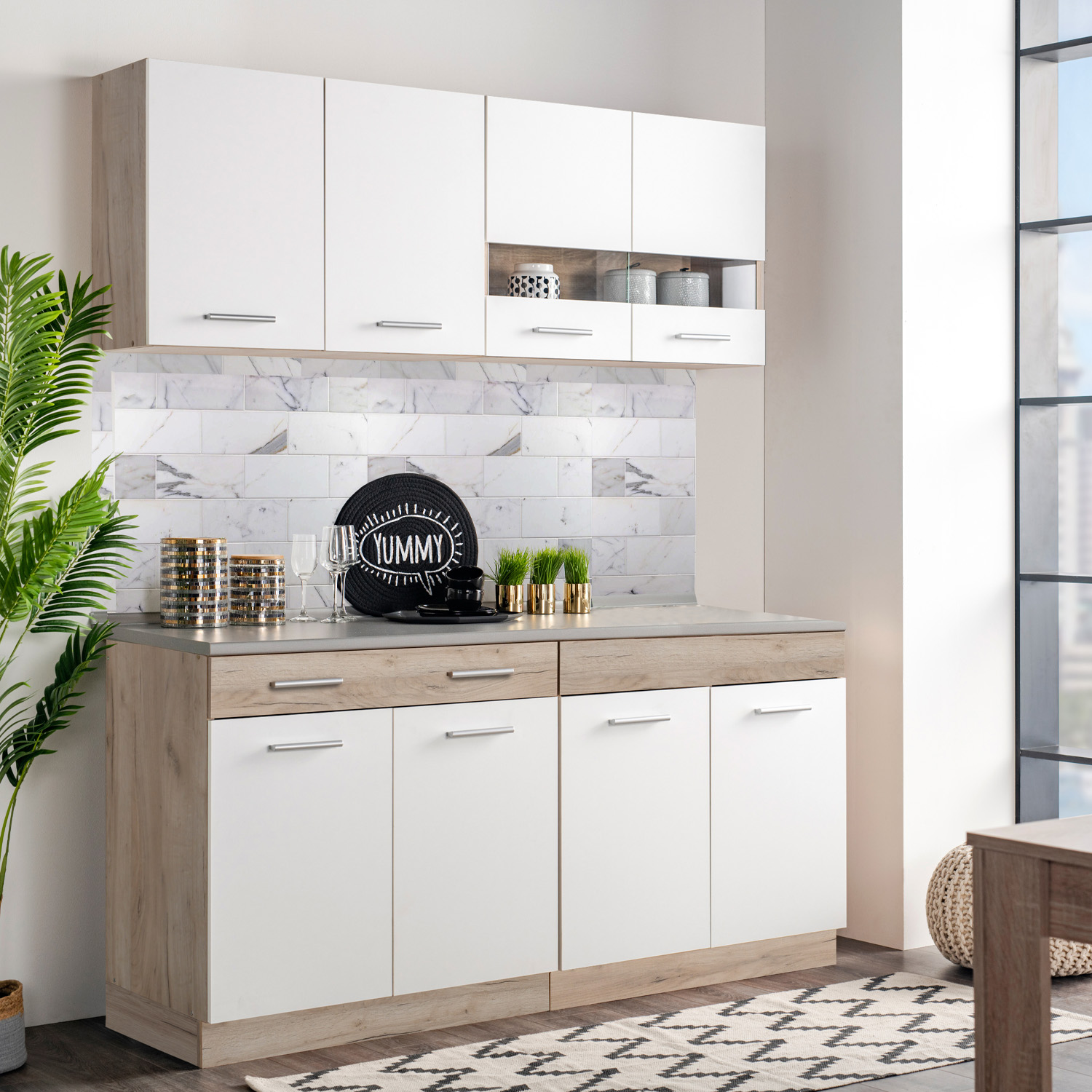 160 cm White Oak Kitchen Unit – modern compact kitchen with cabinetry, without appliances