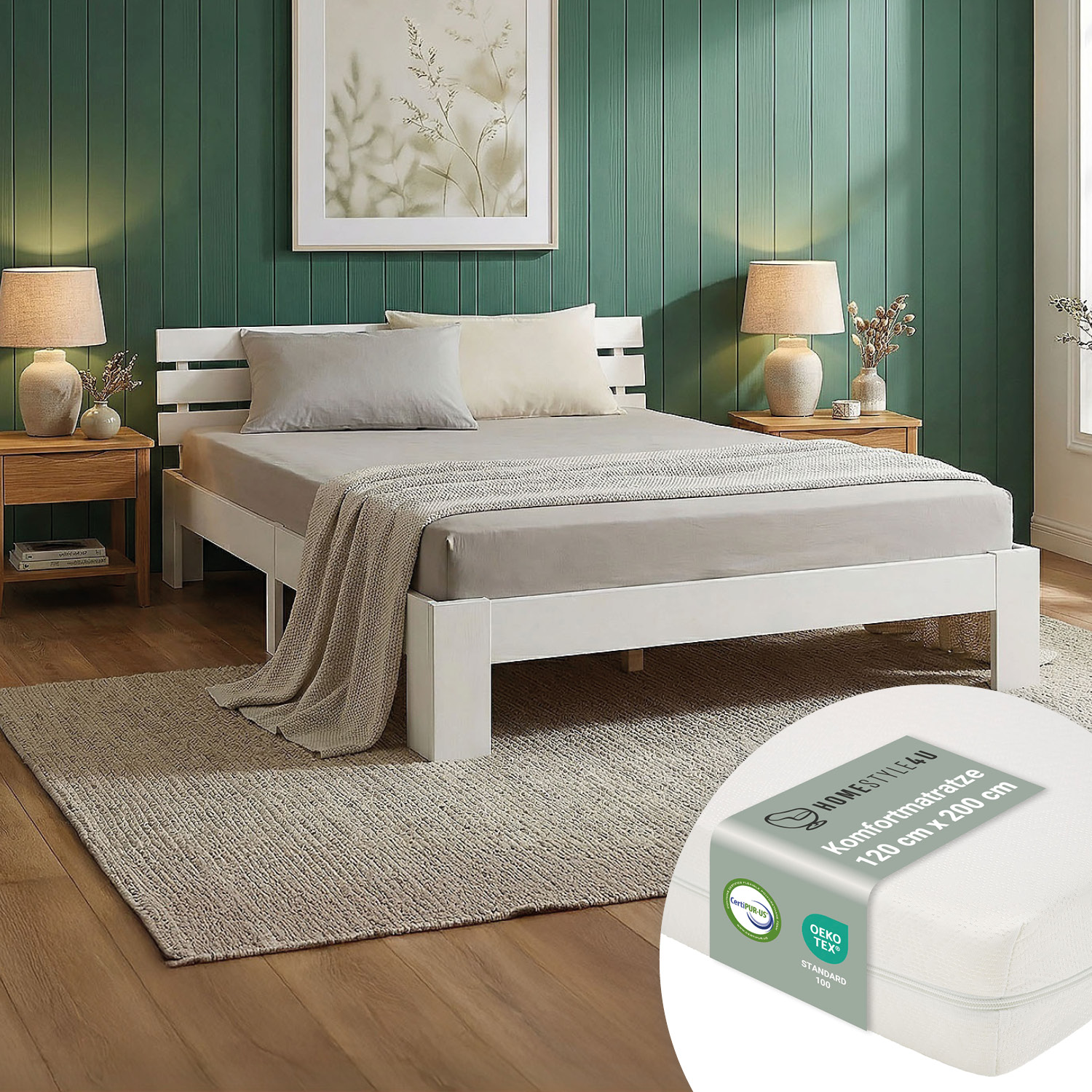 Solid White Pine Wood Bed, 120x200 cm – Futon Bed with Mattress and Slatted Base