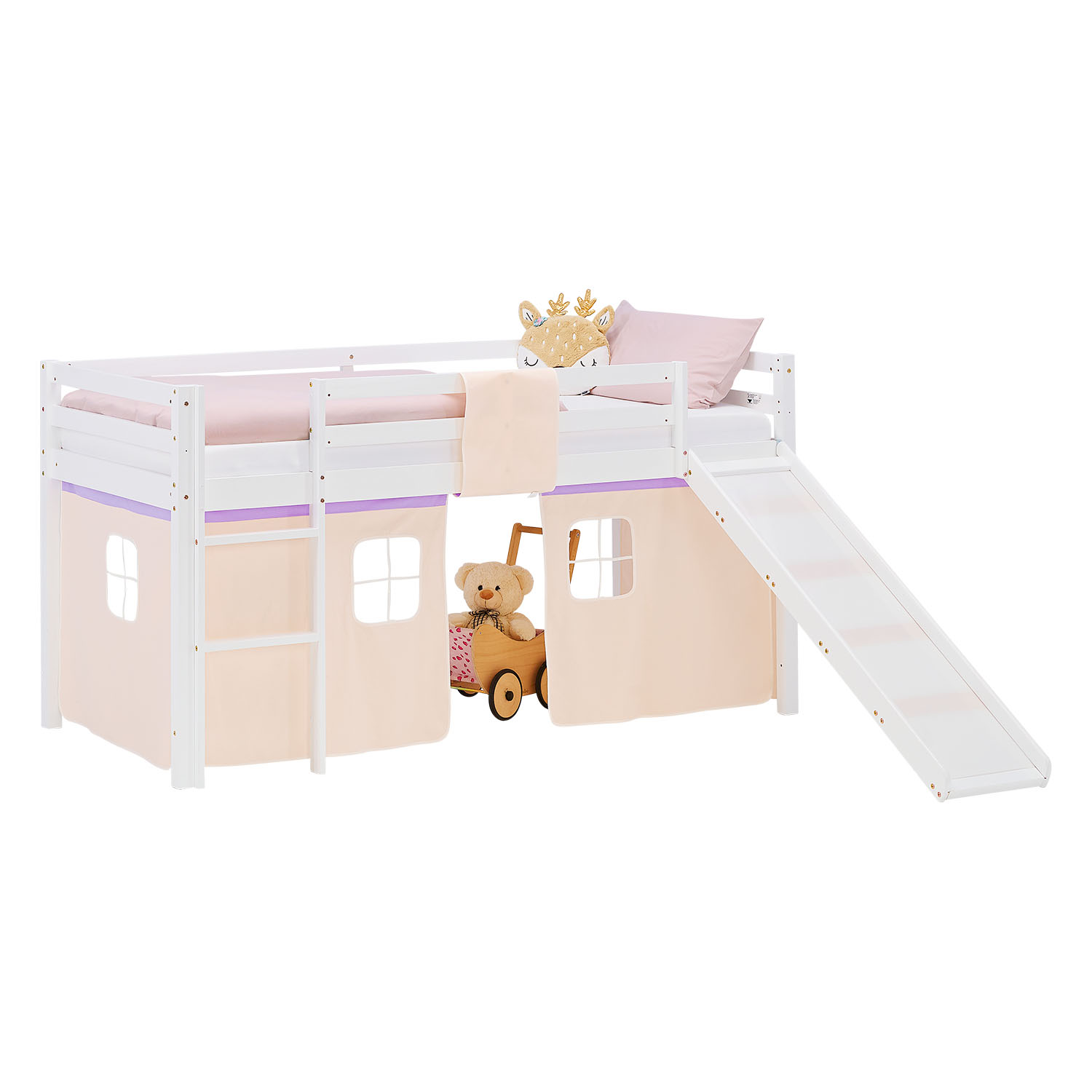 Kinderhochbett in Lila mit Elementen aus Kiefernholz, Lattenrost, Matratze, Rutsche und Spielvorhang. Das weiße Hochbett ist mit Matratze und Kissen vor weißem Hintergrund abgebildet. Sichtbar sind eine Leiter, seitliche Schutzgitter, ein Spielvorhang unt