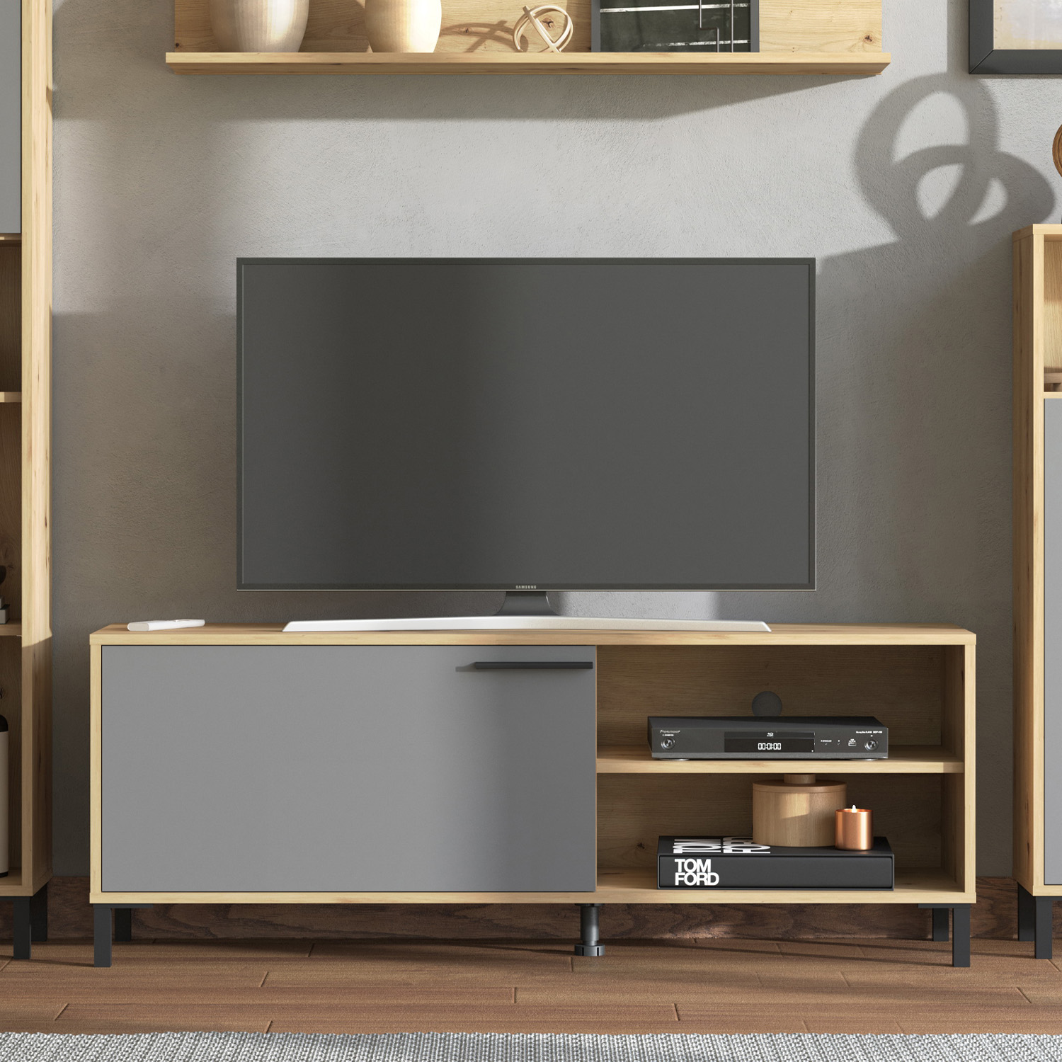 Modern living room unit 4 part cupboard set wall unit wood oak grey TV set with storage entertainment center