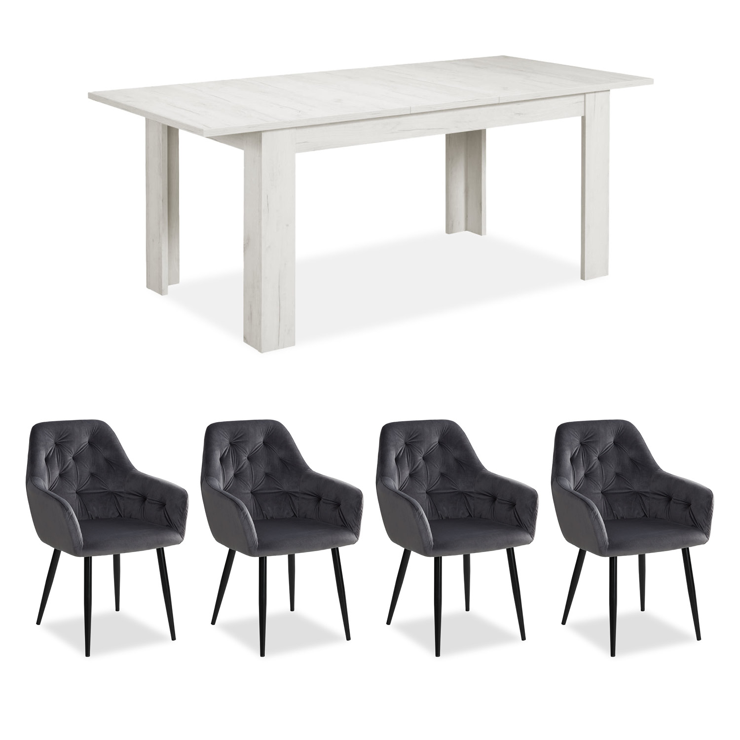 Essgruppe in Grau und Weiß mit Holzelementen, Samtbezug und Vintage-Optik. In der eingerichteten Szene sind Bilderrahmen, Blumen in einer Vase, Tassen und ein heller Teppich zu sehen.