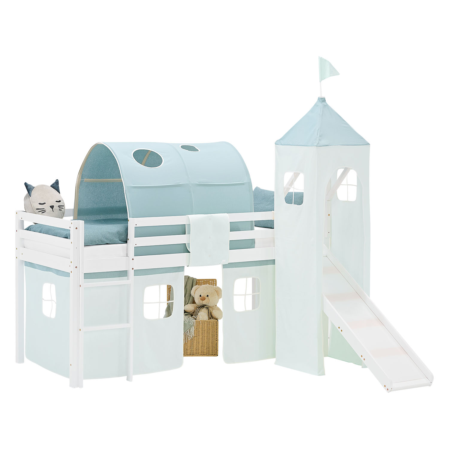 Kinderhochbett in Grün mit Elementen aus Kiefernholz, Lattenrost, Matratze, Rutsche, Spielturm, Spieltunnel und Spielvorhang. Das weiße Hochbett ist mit Matratze und Kissen vor weißem Hintergrund abgebildet. Sichtbar sind eine Leiter, seitliche Schutzgitt