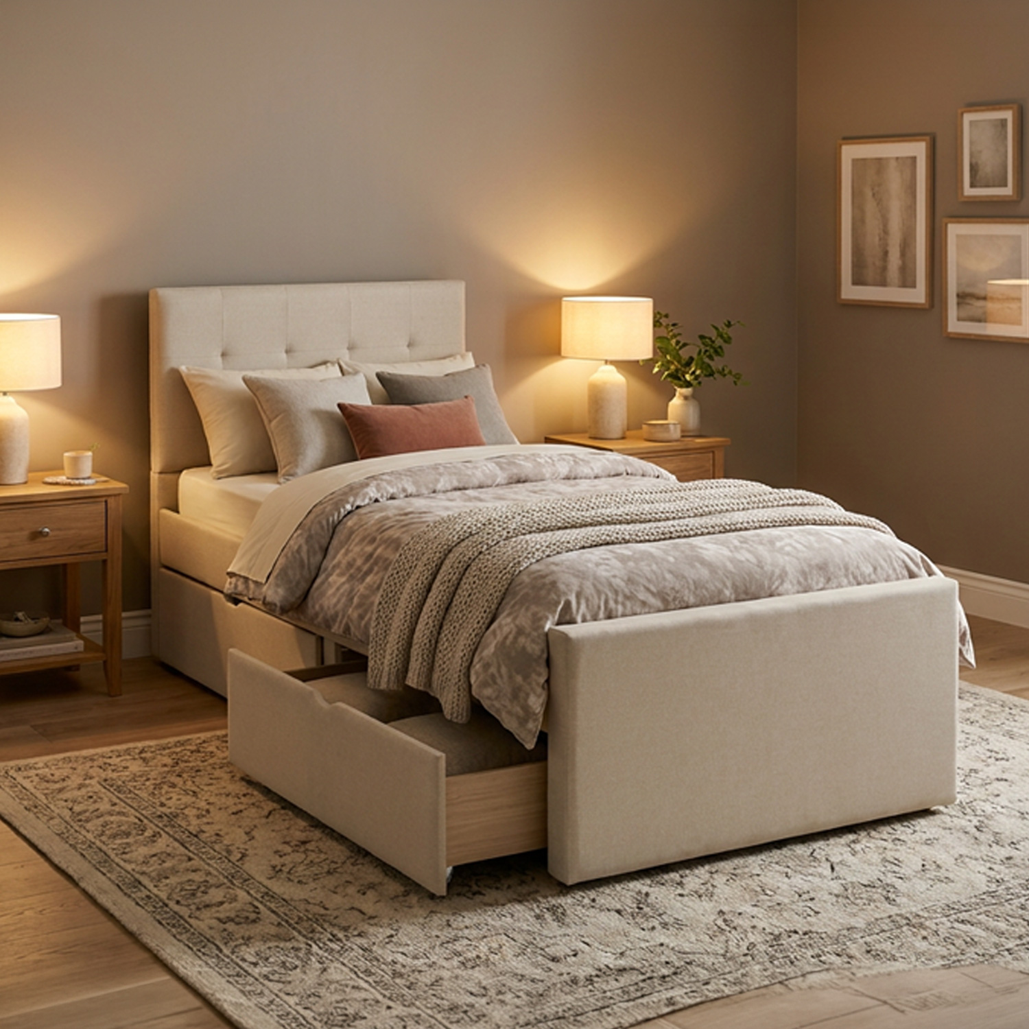 Upholstered bed 90x200 cm beige | with slatted frame | with 2 bed drawers | single fabric bed frame