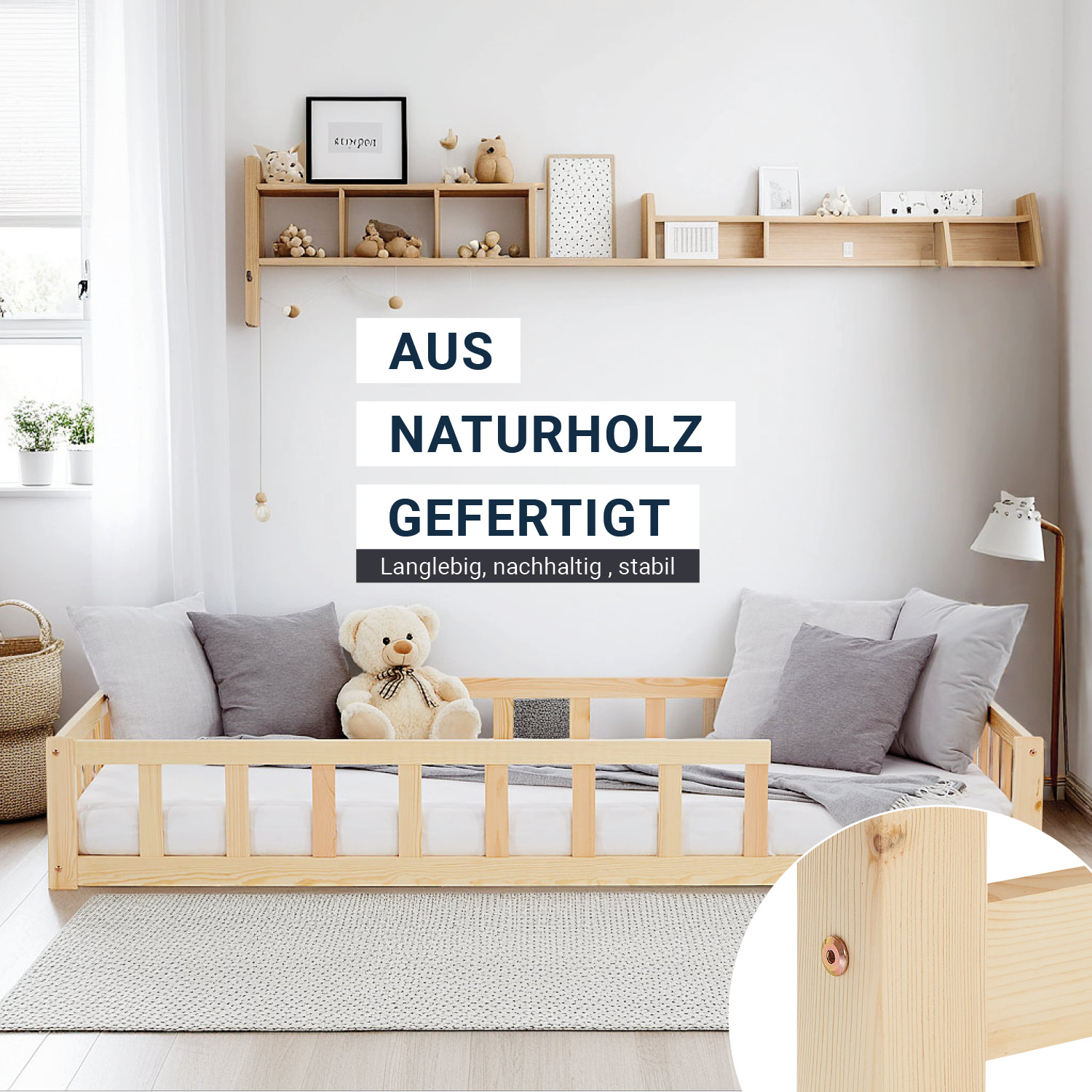 Children's Bed 90x200 Natural | Floor Bed with Mattress & Slatted Frame | with Fall Protection | Montessori