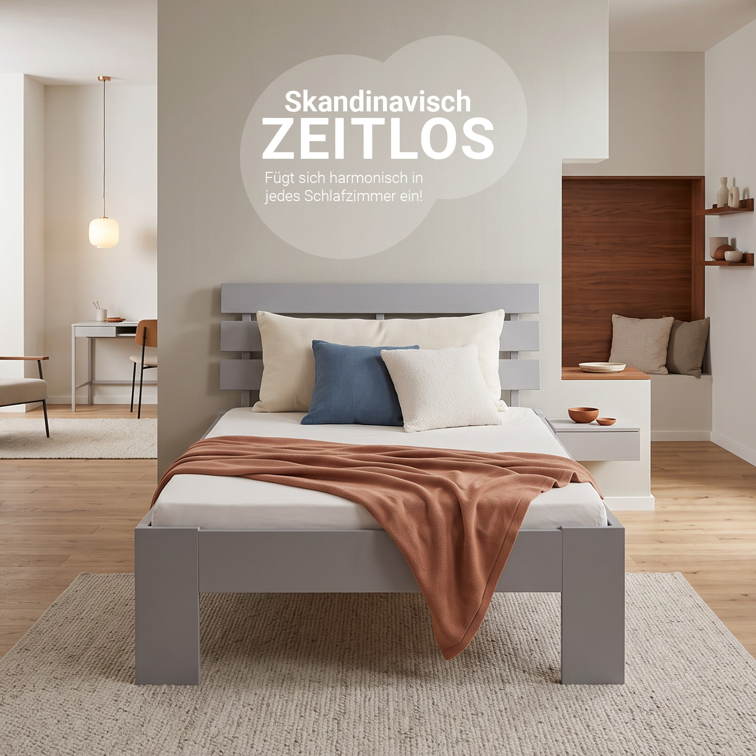 Wood Bed 90x200 cm Grey | Single Bed | with Mattress | Solid | Kids Youth Guest Bedroom