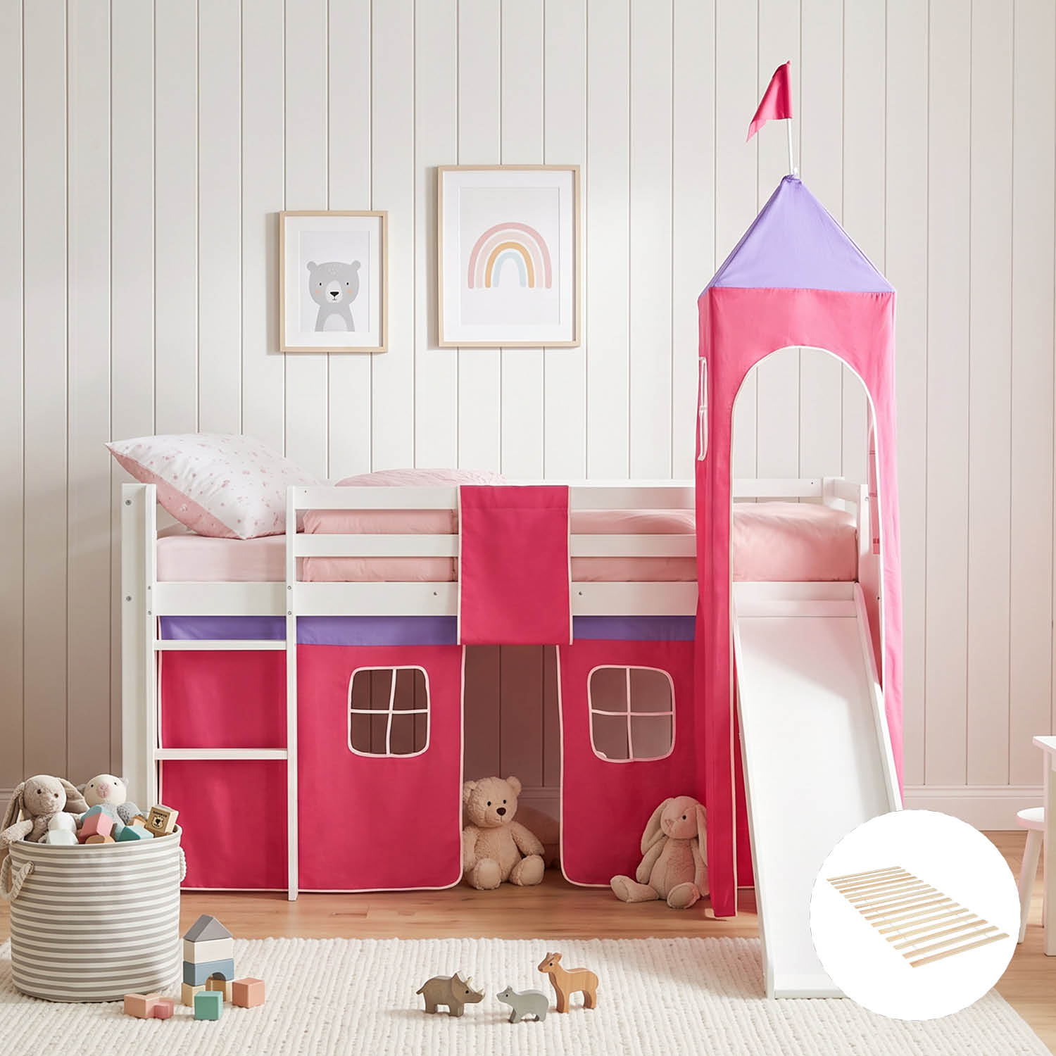 Children's Loft Bed 90x200 cm, White with Pink Curtain | Tower | Slide | Includes Slatted Base