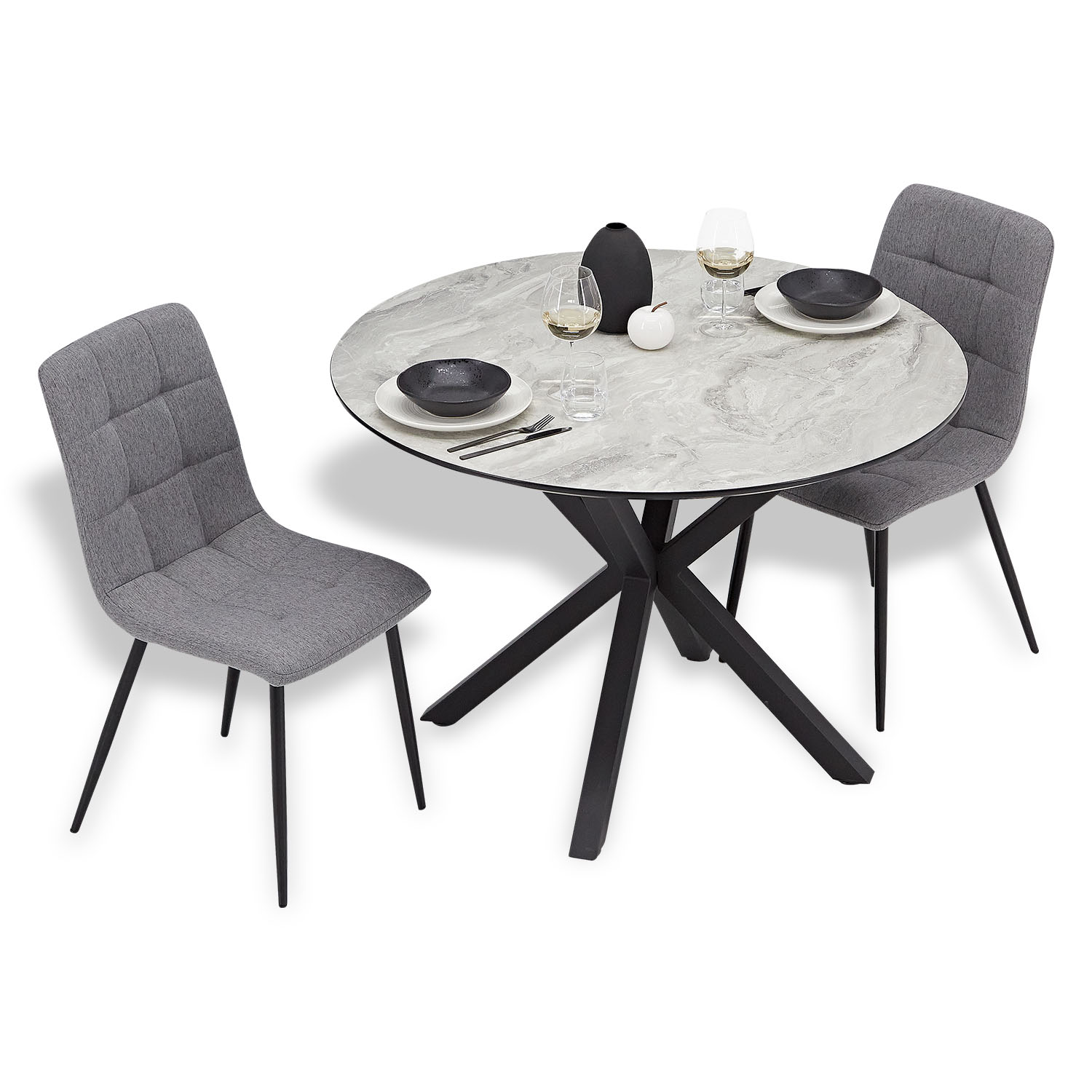 Dining set | 3-piece set upholstered chairs grey | dining table grey black metal frame round 110 cm
