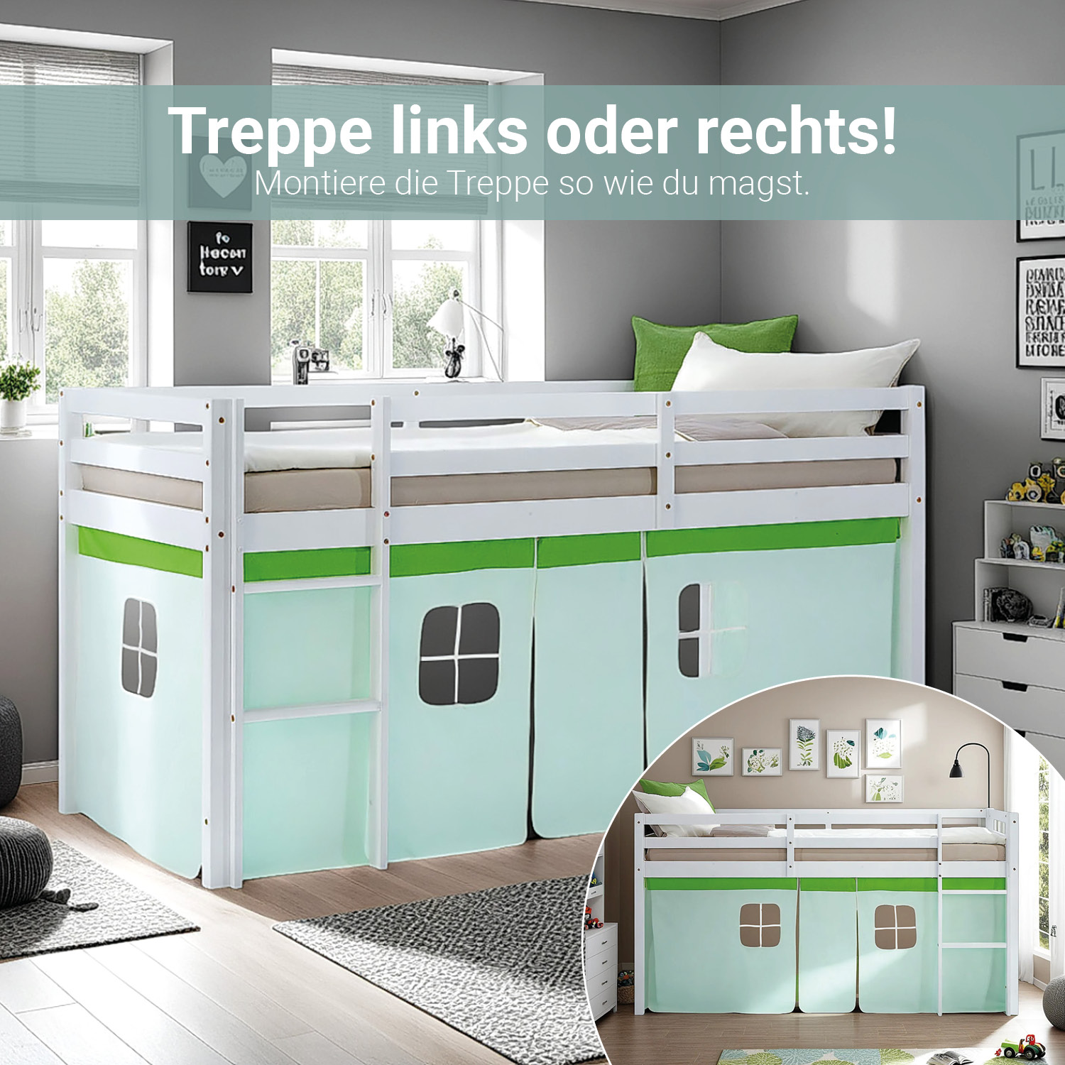 Loft Bed for Kids 90x200 cm White with Curtain in Green | with Slatted Frame and Mattress