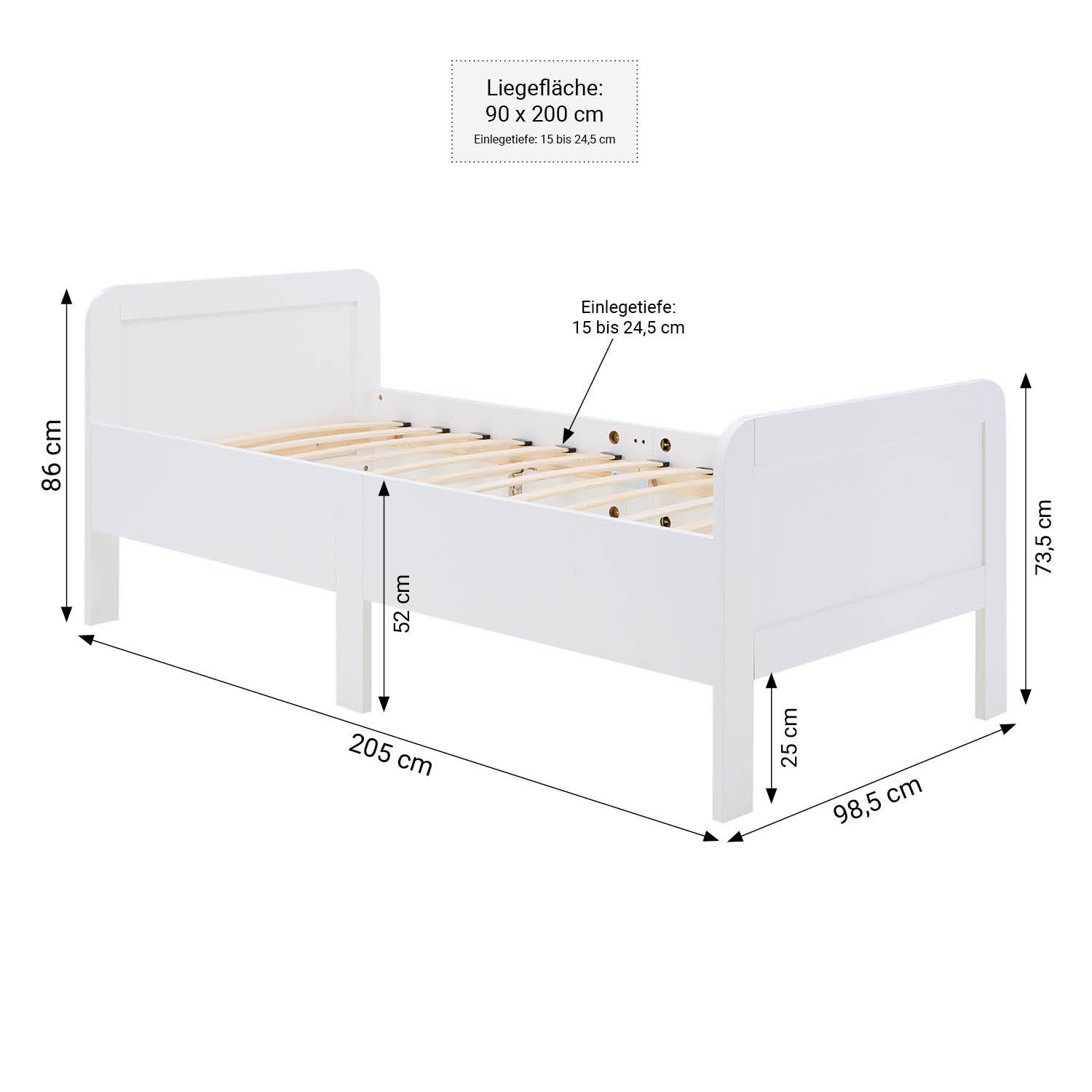 Comfort Bed 90x200 cm White | Senior Bed Height Adjustable with Slatted Frame | Single Bed | Wood
