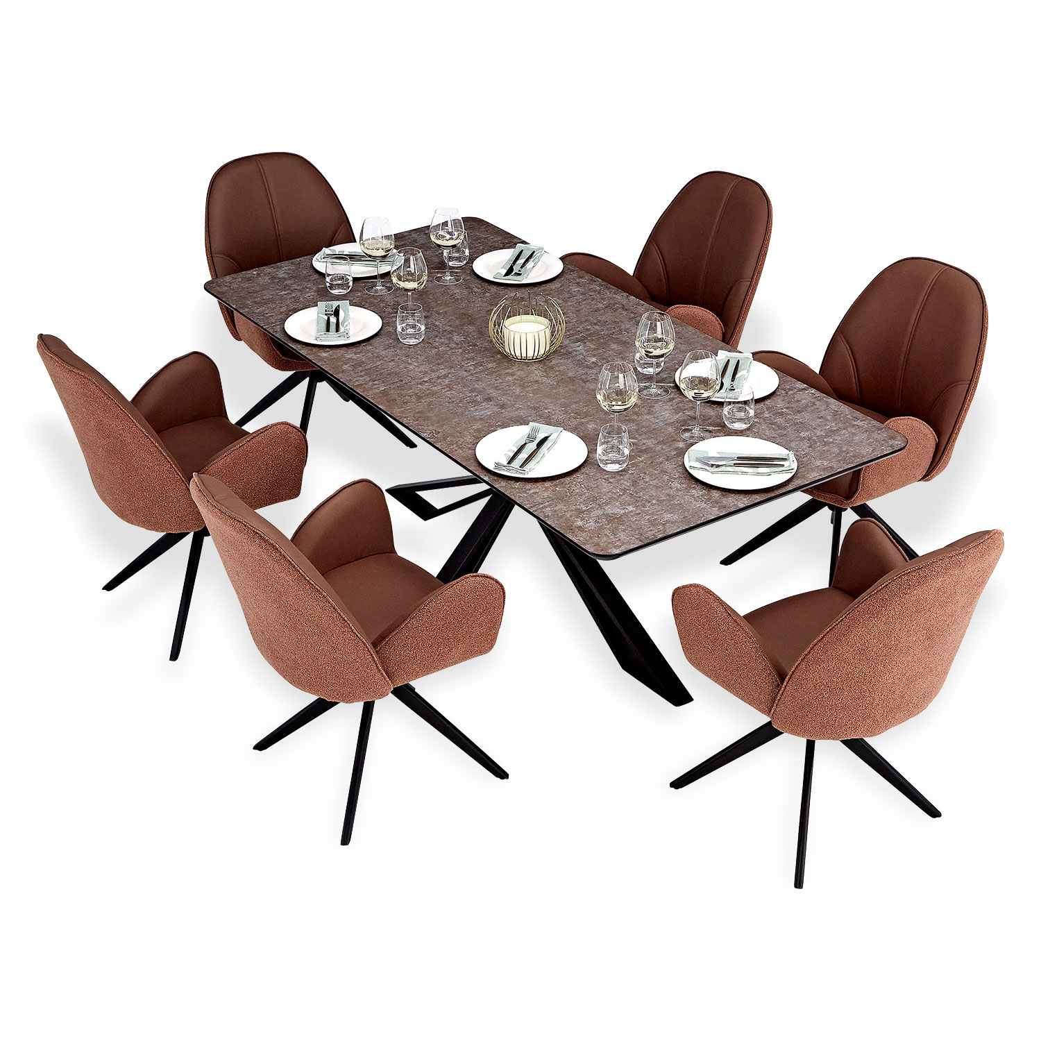 Esstisch mit 4 oder 6 Stühlen Set Essgruppe Polsterstühle Drehbar Bouclé Leder Braun Beige Esszimmertisch 200x100 cm