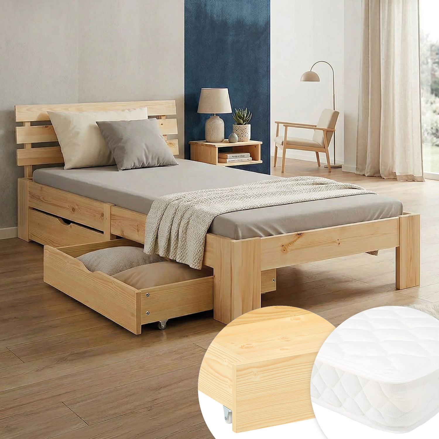 Wood Bed 90x200 cm Natural | Single Bed | with Spring Mattress | 2 Drawers | Youth Guest Bedroom