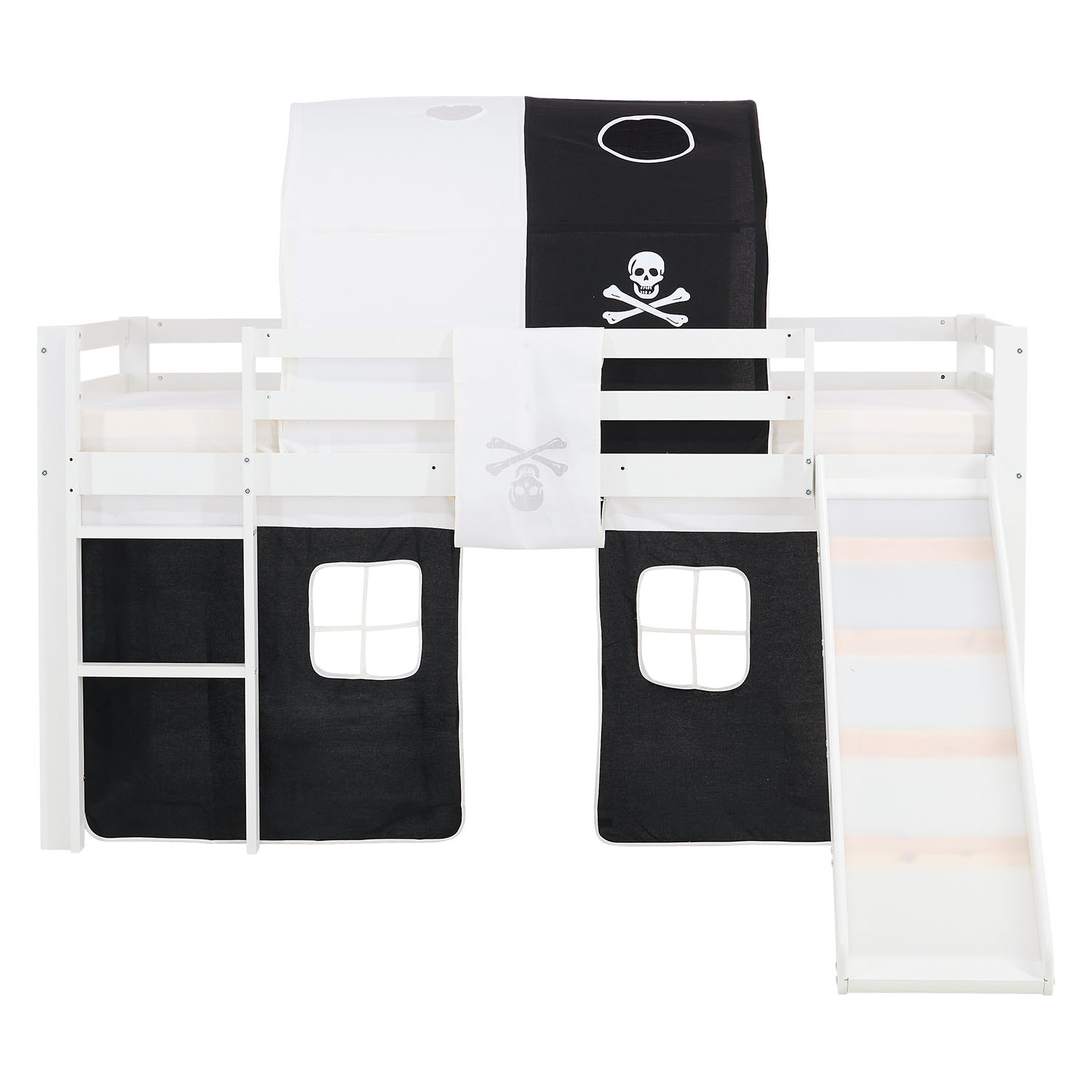 Children's Loft Bed 90x200 cm White with Black Curtain | Tunnel | Slide | Without Slatted Base | Pirate | Boys