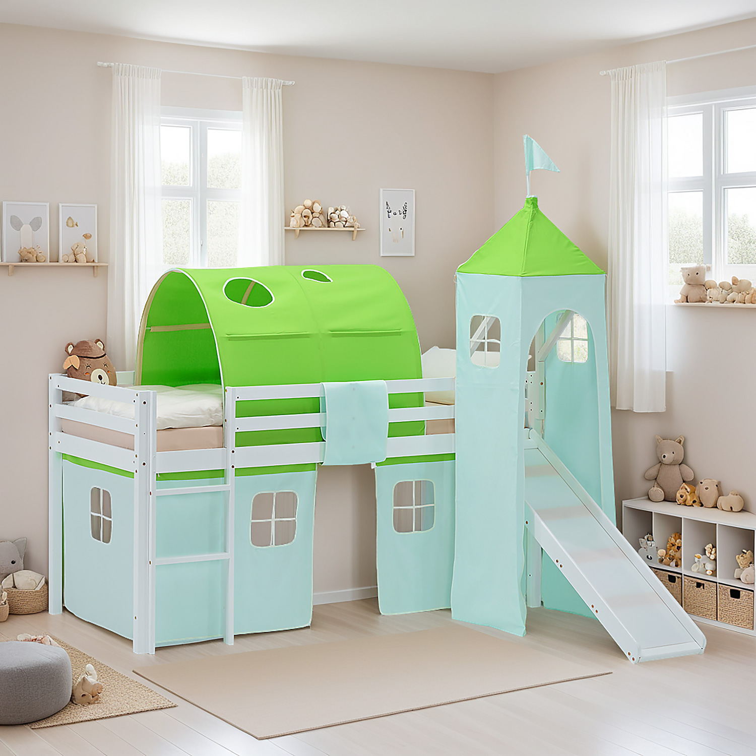 Loft Bed for Kids 90x200 cm White with Curtain in Green | Slide | Tower | Tunnel | with Slatted Frame and Mattress