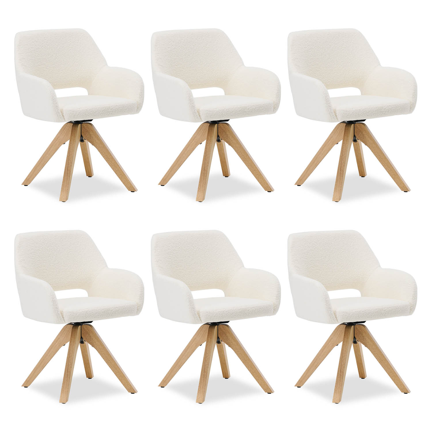 Upholstered Chair Teddy Fabric White | Set of 6 | swivel | with Armrests | Kitchen Dining Room Office