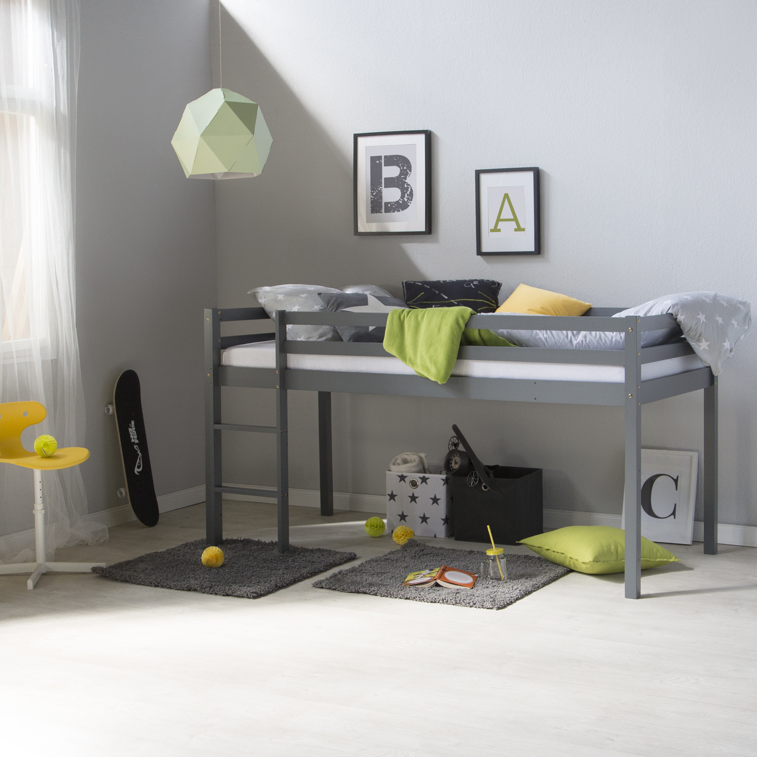 Loft Bed Kids 90x200 cm Gray Basic | with Slatted Frame