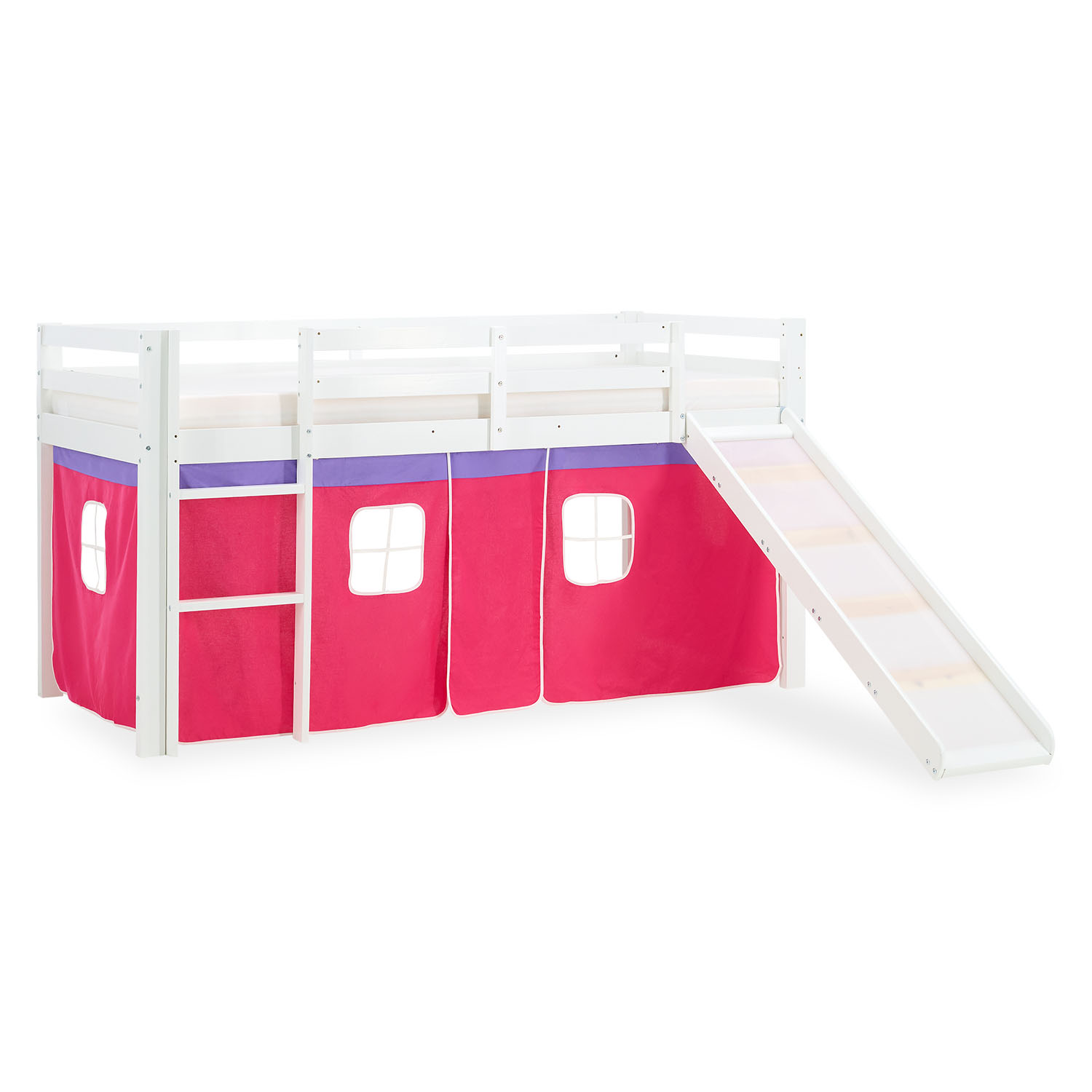 Children's Loft Bed 90x200 cm, White with Pink Curtain | Slide | Includes Slatted Base