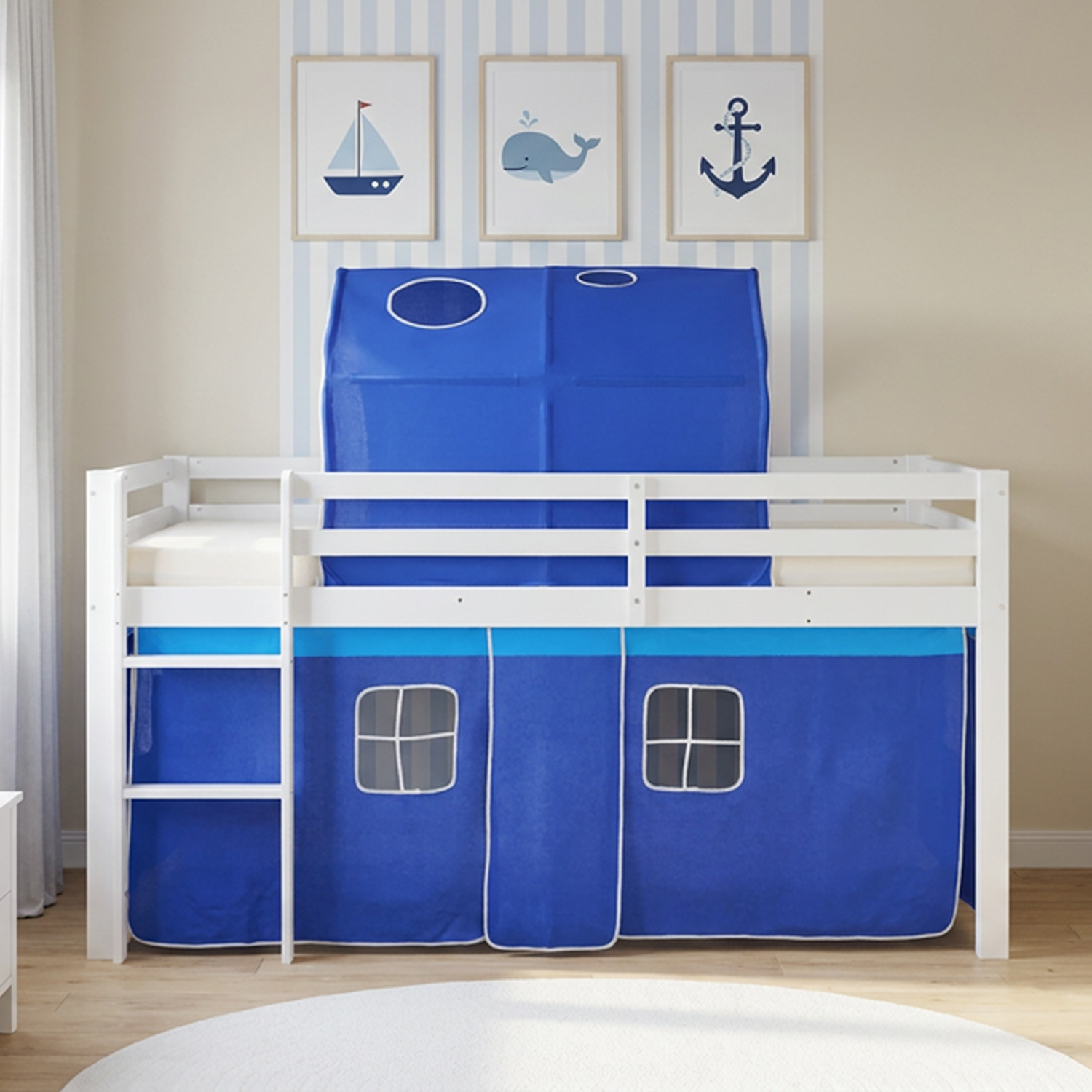 Children's Loft Bed 90x200 cm, White with Blue Curtain | Tunnel | Without Slatted Base