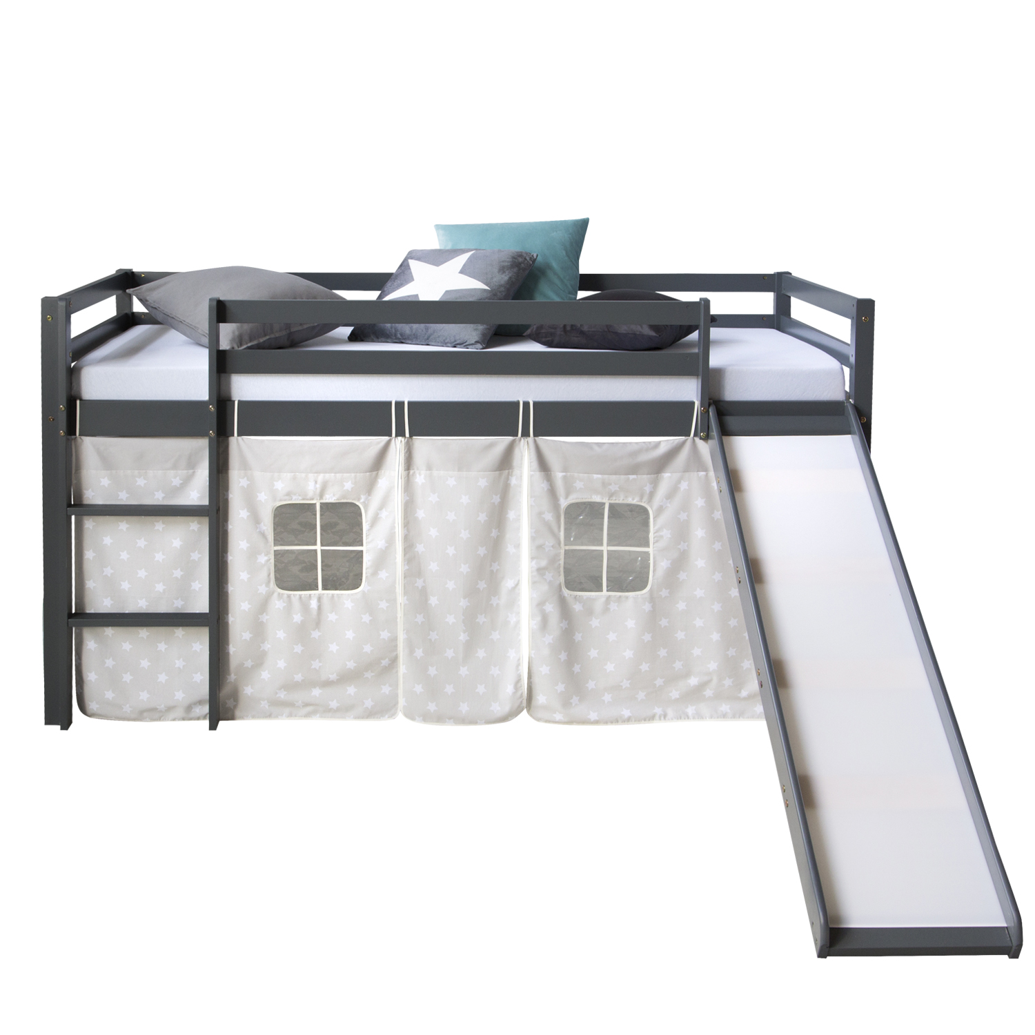 Loftbed with Slide 90x200 cm Matelas Grey Bunk bed Childrens bed Solid Pine Wood Curtain Stars Slats