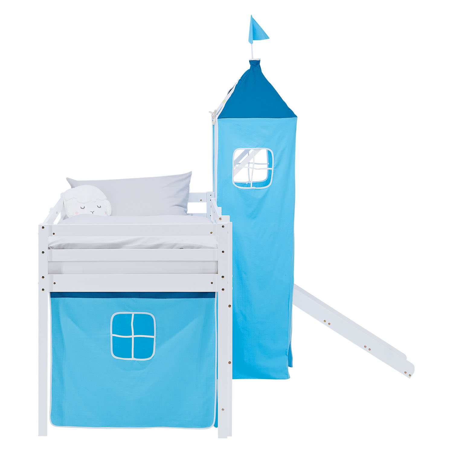 Loft Bed for Kids 90x200 cm White with Curtain in Blue | Slide | Tower | with Slatted Frame and Mattress