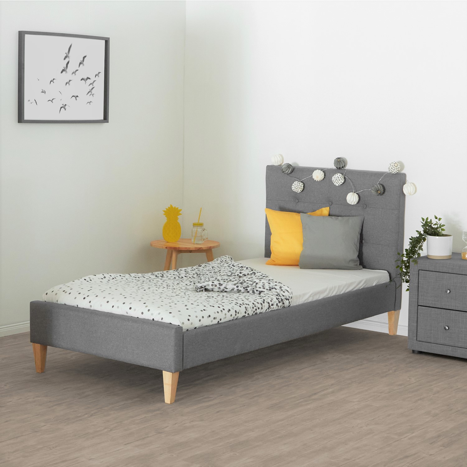 Upholstered Bed 90x200 cm Gray with Mattress & Slatted Base – Single Fabric Bed with Headboard, Complete Set