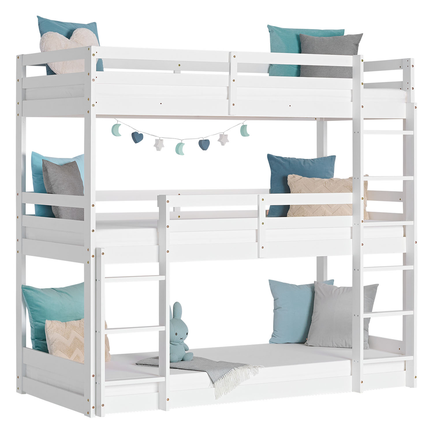 Triple Bunk Bed 90x200 with Mattresses Children´s Bed High Sleeper Cot White Wood Loft Bed Kids Bed