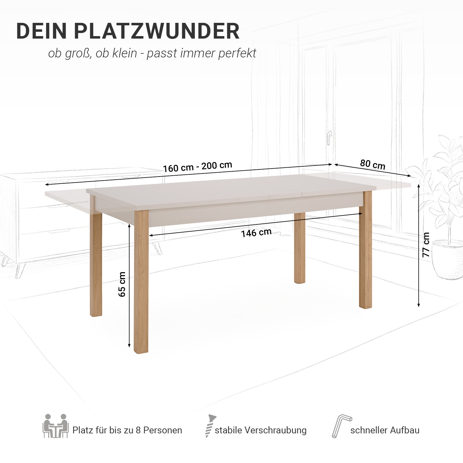 Modern Dining Table Kitchen Table Wooden Table 160x80 cm Beige Grey 8 Seater Extendable