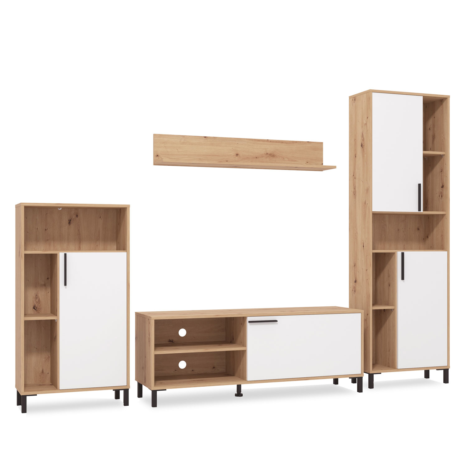 Modern living room unit 4 part cupboard set white grey wall unit wood oak TV set with storage entertainment center