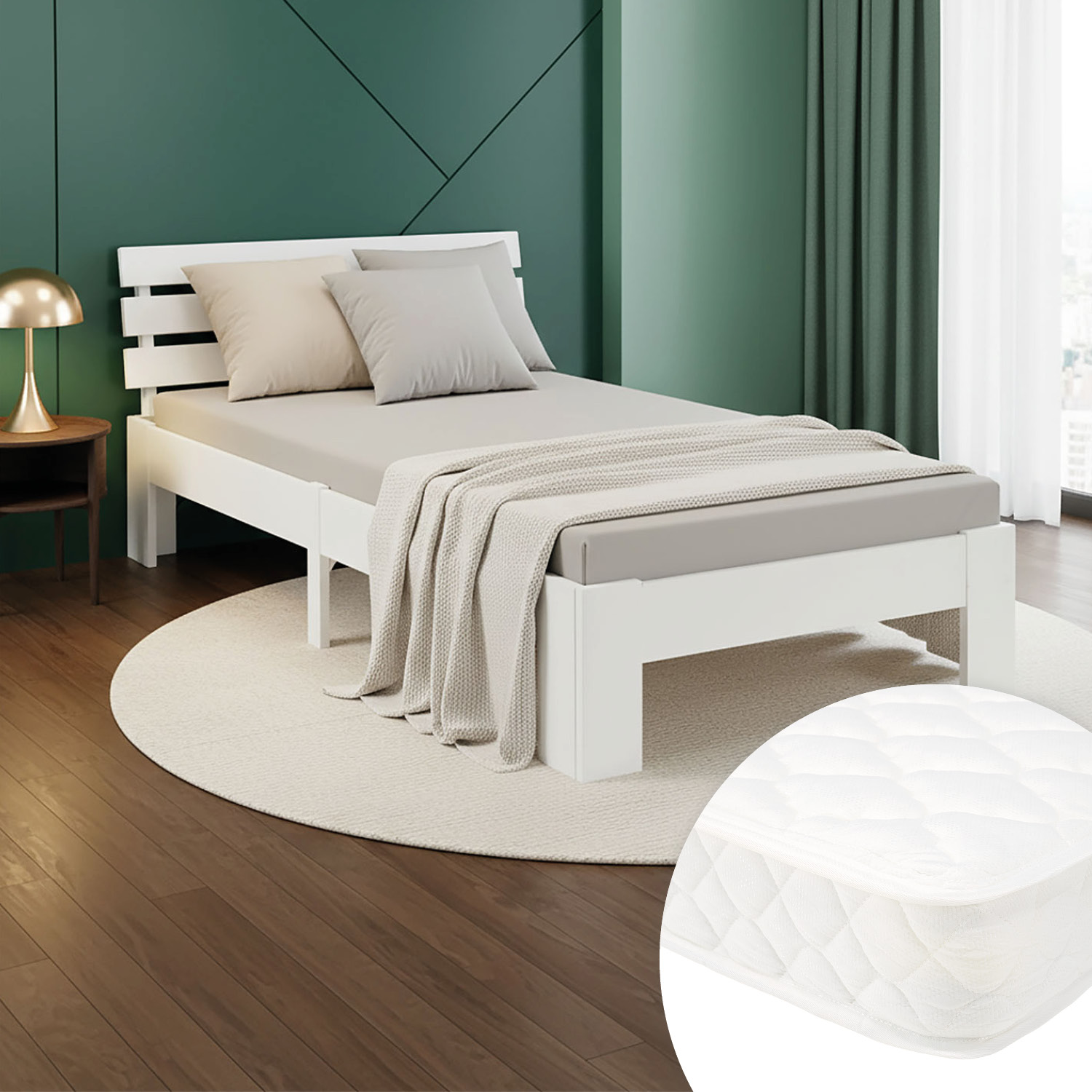 Wood Bed 90x200 cm White | Single Bed | with Spring Mattress | Solid | Youth Guest Bedroom