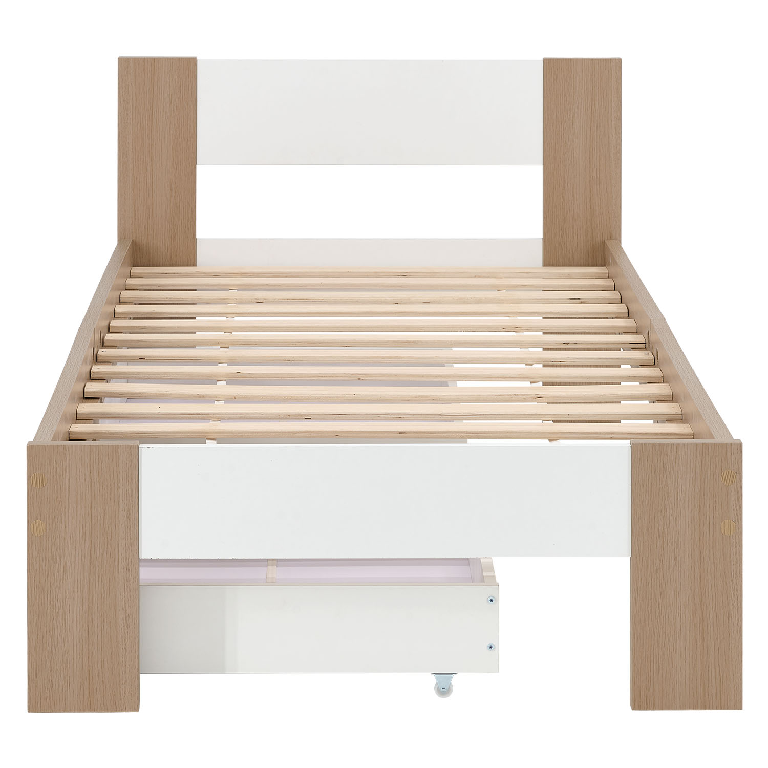 Wood Bed 90x200 cm Brown Oak White | Single Bed | 2 Drawers | Kids Youth Guest Bedroom