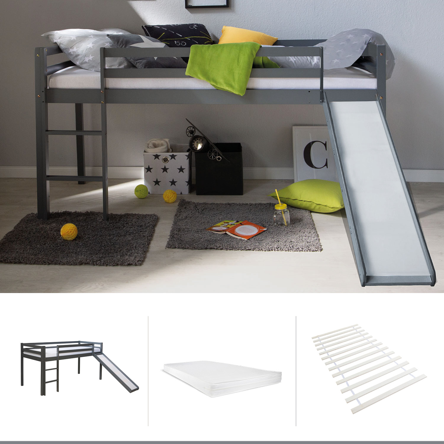 Loft Bed with Mattress Slatted Frame Slide 90x200 cm Children's Bed Bunk Bed Grey