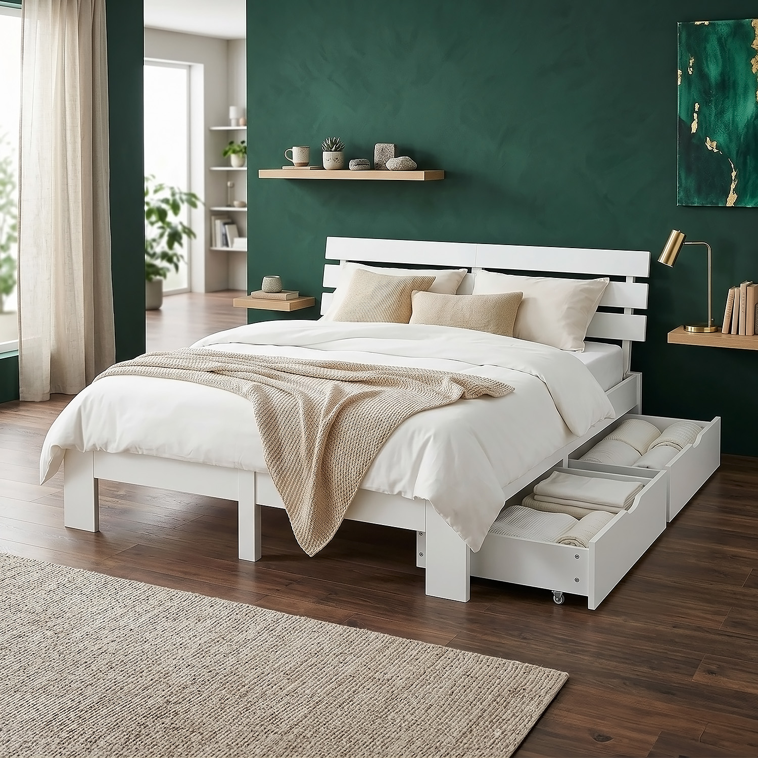 Wood Bed 140x200 cm White | Double Bed with Storage Drawer | with Slatted Frame | Solid | Kids Youth Guest Bedroom