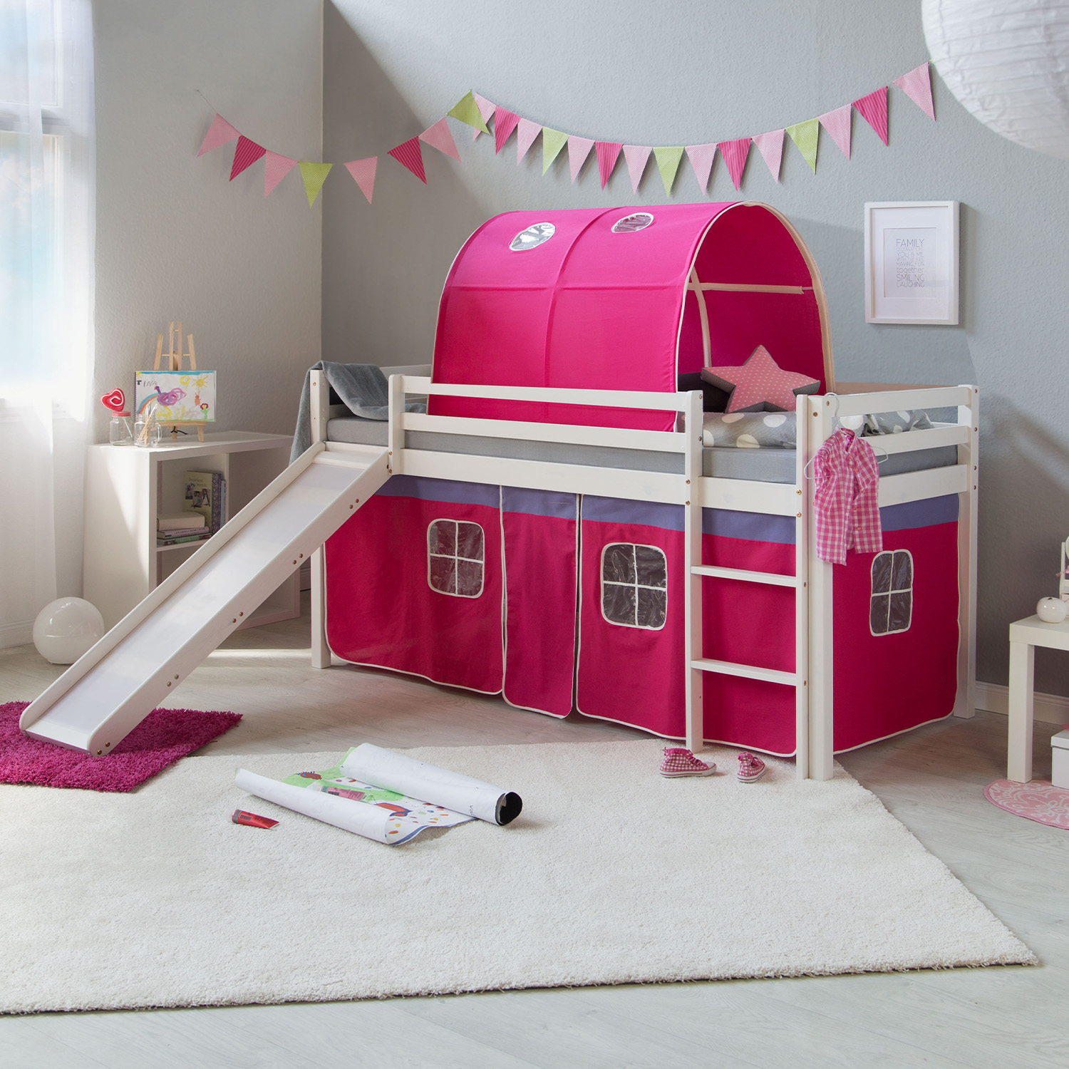 Loft Bed Kids 90x200 cm White with Curtain in Pink | Tunnel | Slide | without Slatted Frame