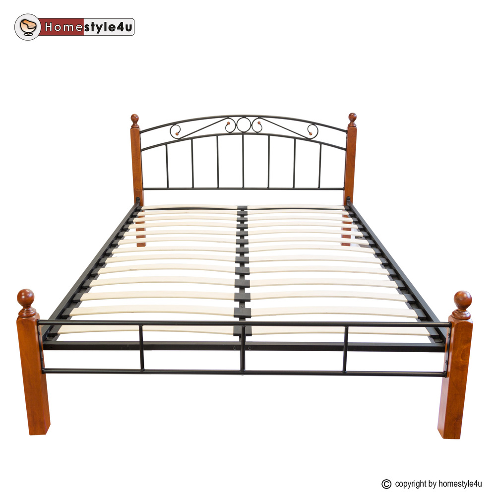 Design Iron Bed Double 180 x 200Wood Slatted black brown bed frame 916