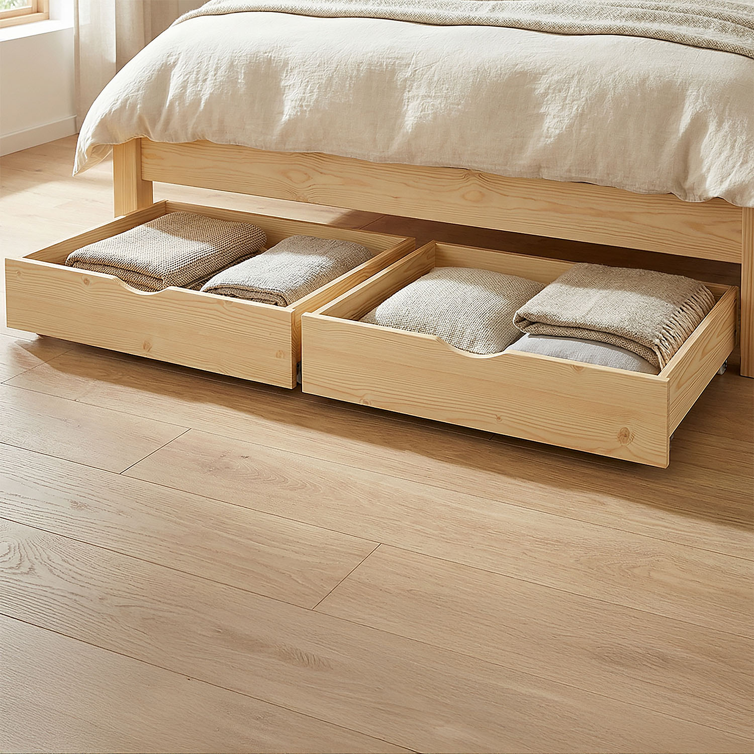 Set of 2 Natural Bed Drawers – Rollable bed drawers with plenty of storage space | Quiet, sturdy, and space-saving