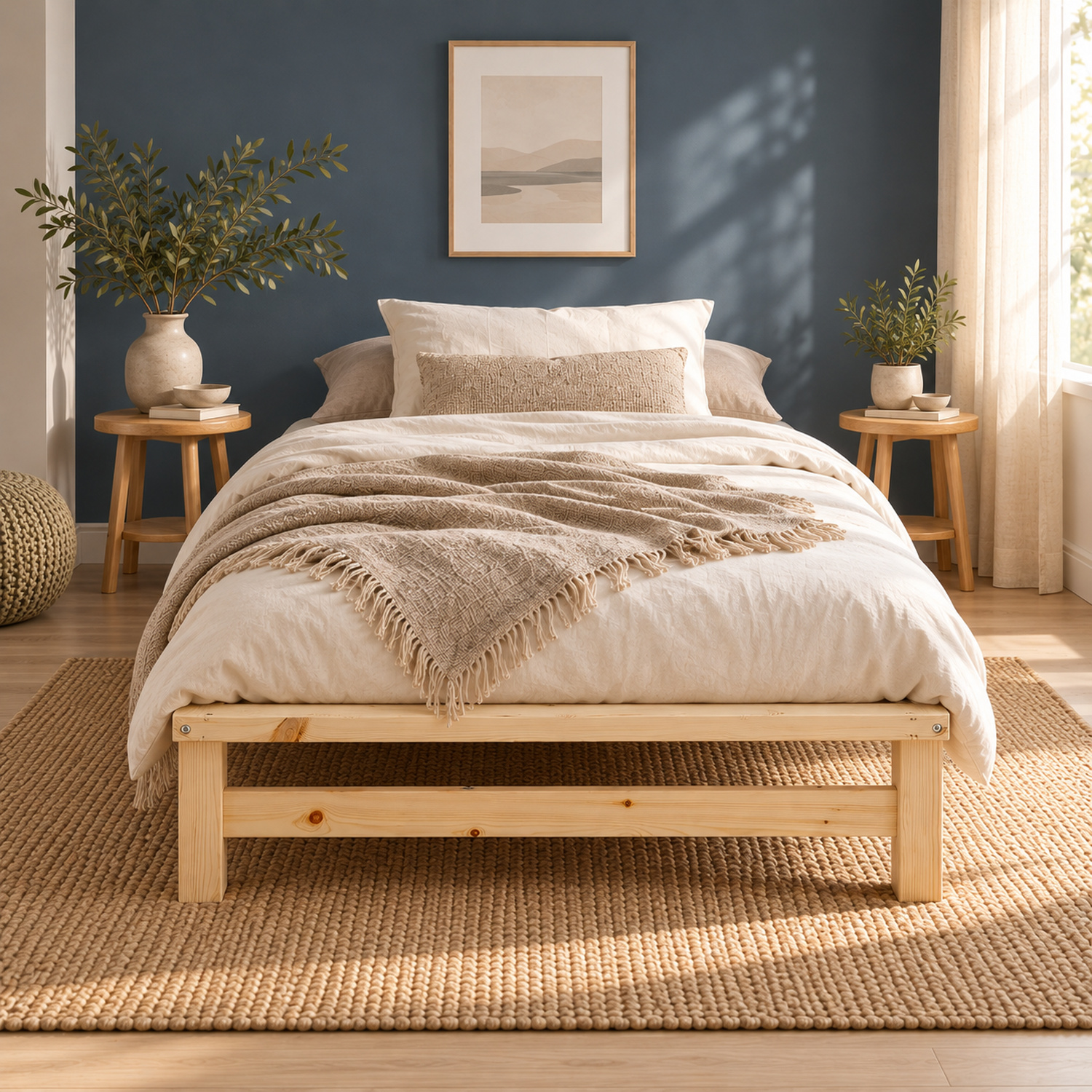 90x200 cm Natural Wooden Pallet Bed – Single Wooden Bed with Mattress & Slatted Base for Teen Rooms, Guest Rooms, and Bedrooms