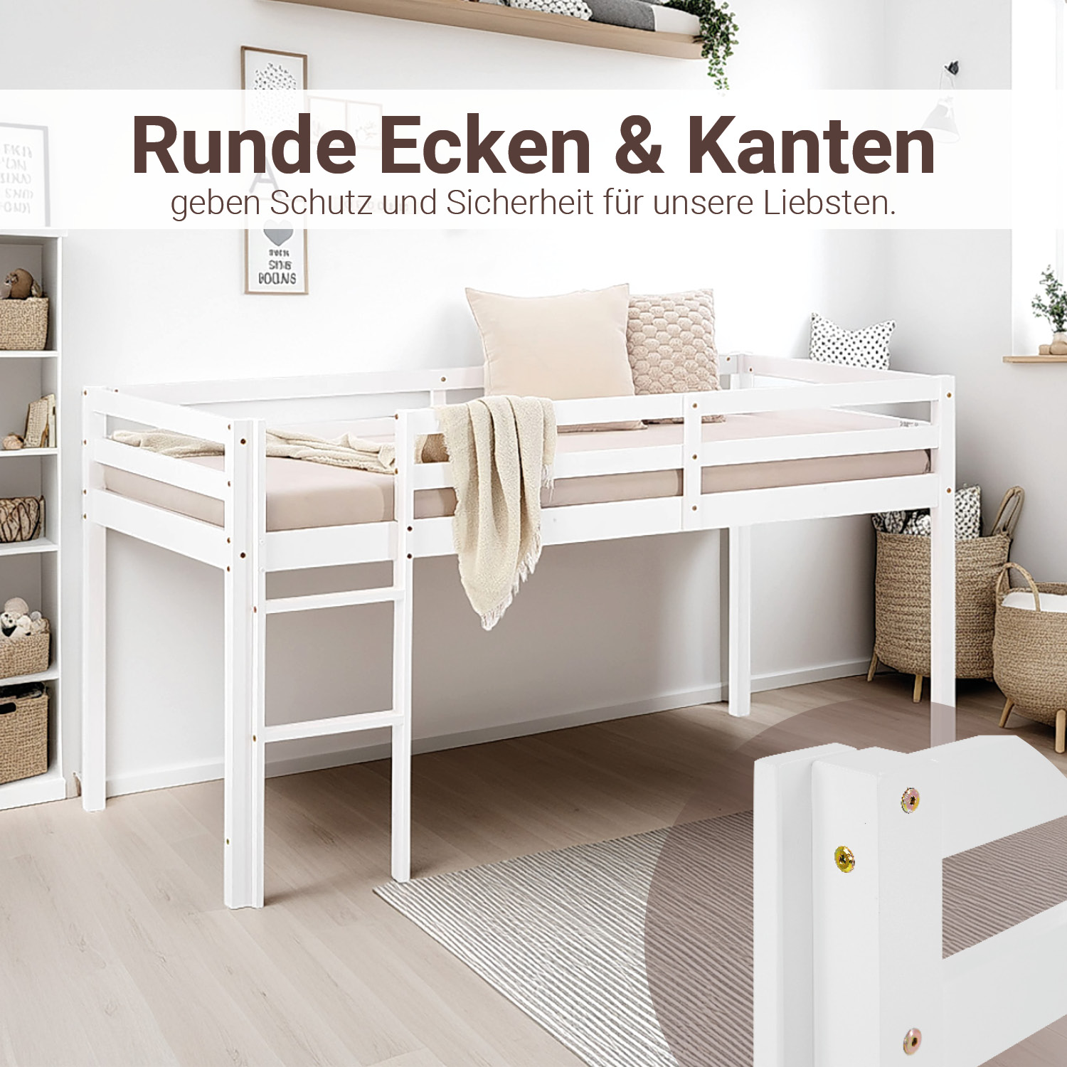 Loft bed with mattress and slatted frame, 90x200 cm, children's bed, white, solid wood