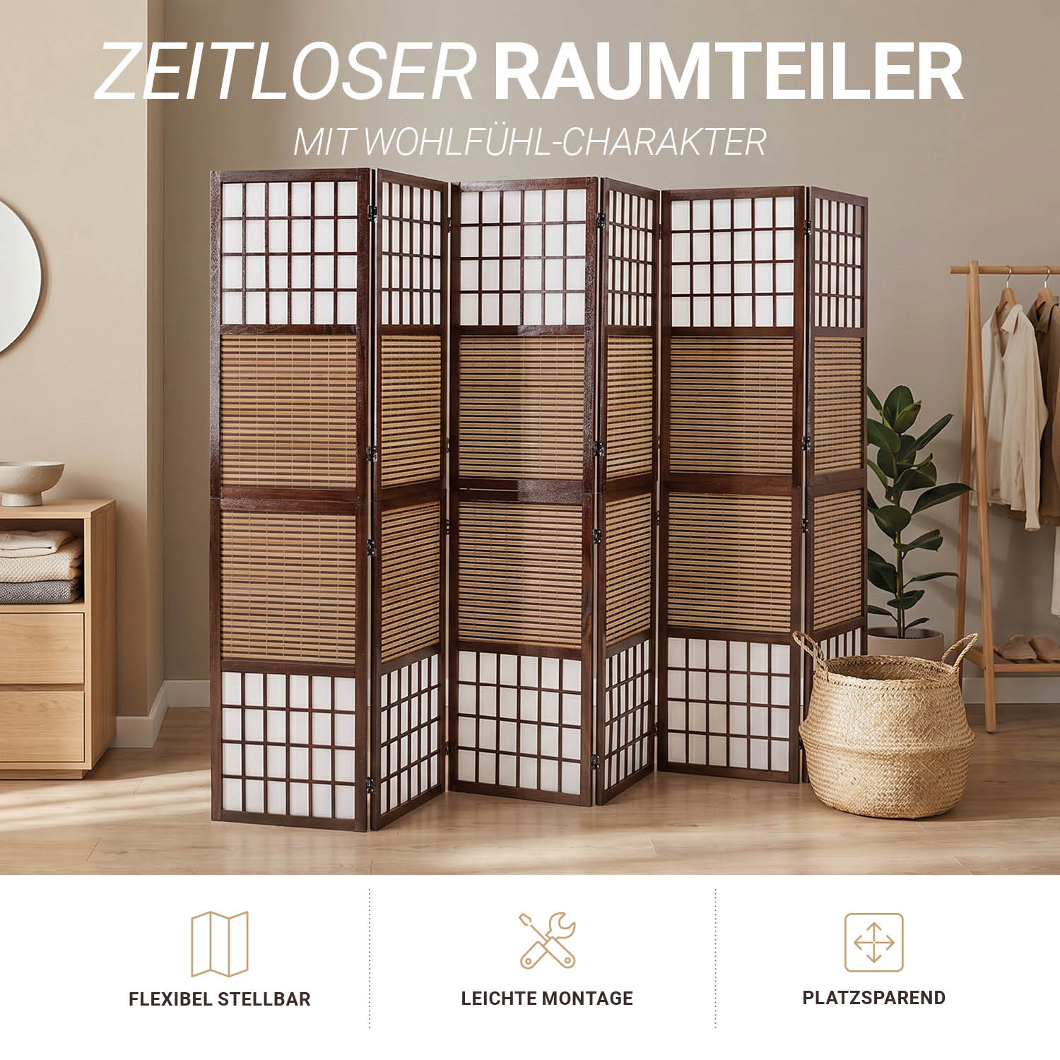 Paravent Brown Bamboo Shoji Rice Paper White | 6-panel | Wood | Room Divider Partition Privacy Screen