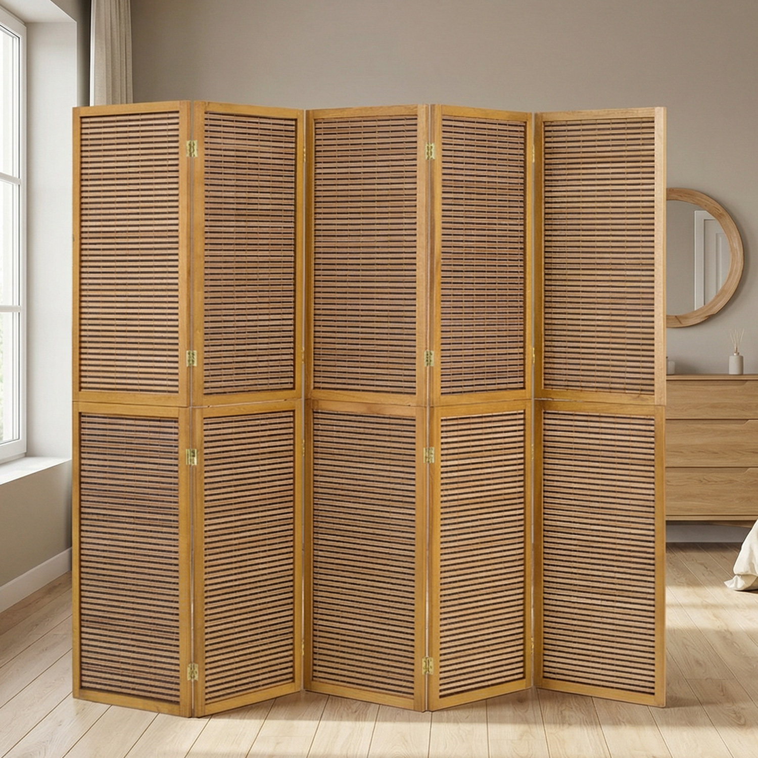 Paravent Brown Wooden Slats | 5-panel | Wood | Room Divider Partition Privacy Screen