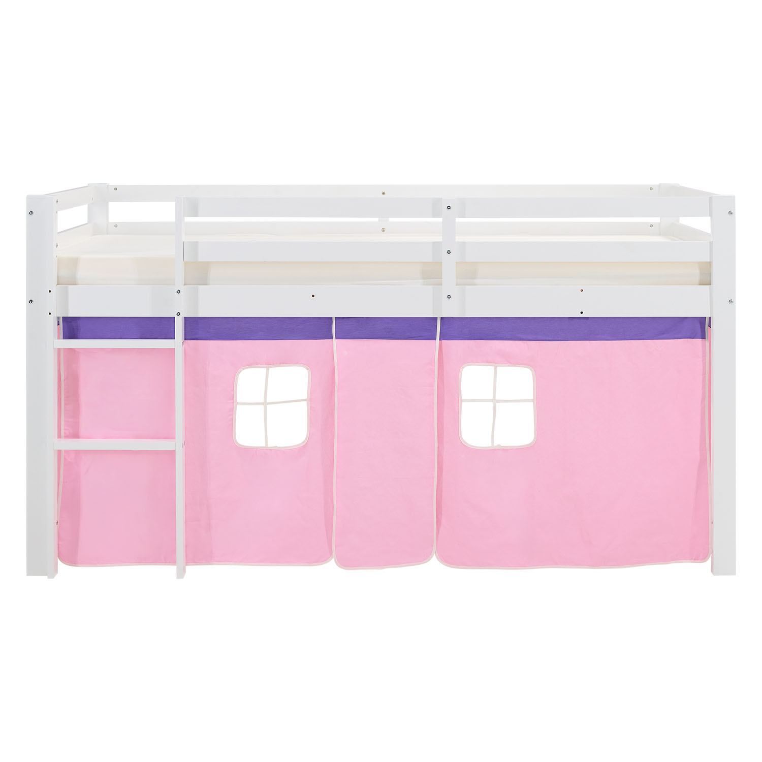 Children's Loft Bed 90x200 cm White with Pink Curtain | Includes Slatted Base