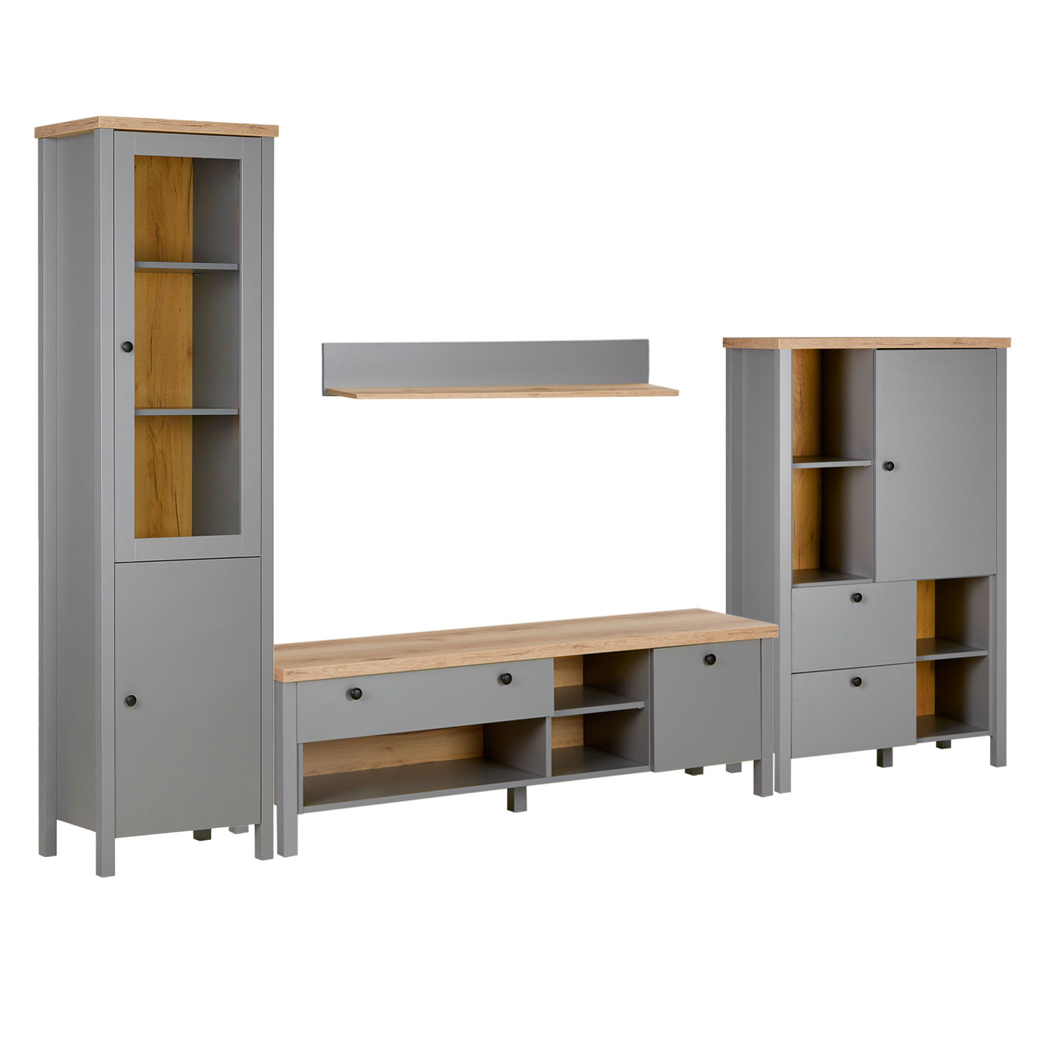 Modern Living Room Unit 4 Part Cupboard Set Wall Unit Grey Wood TV Set with Storage Entertainment Center