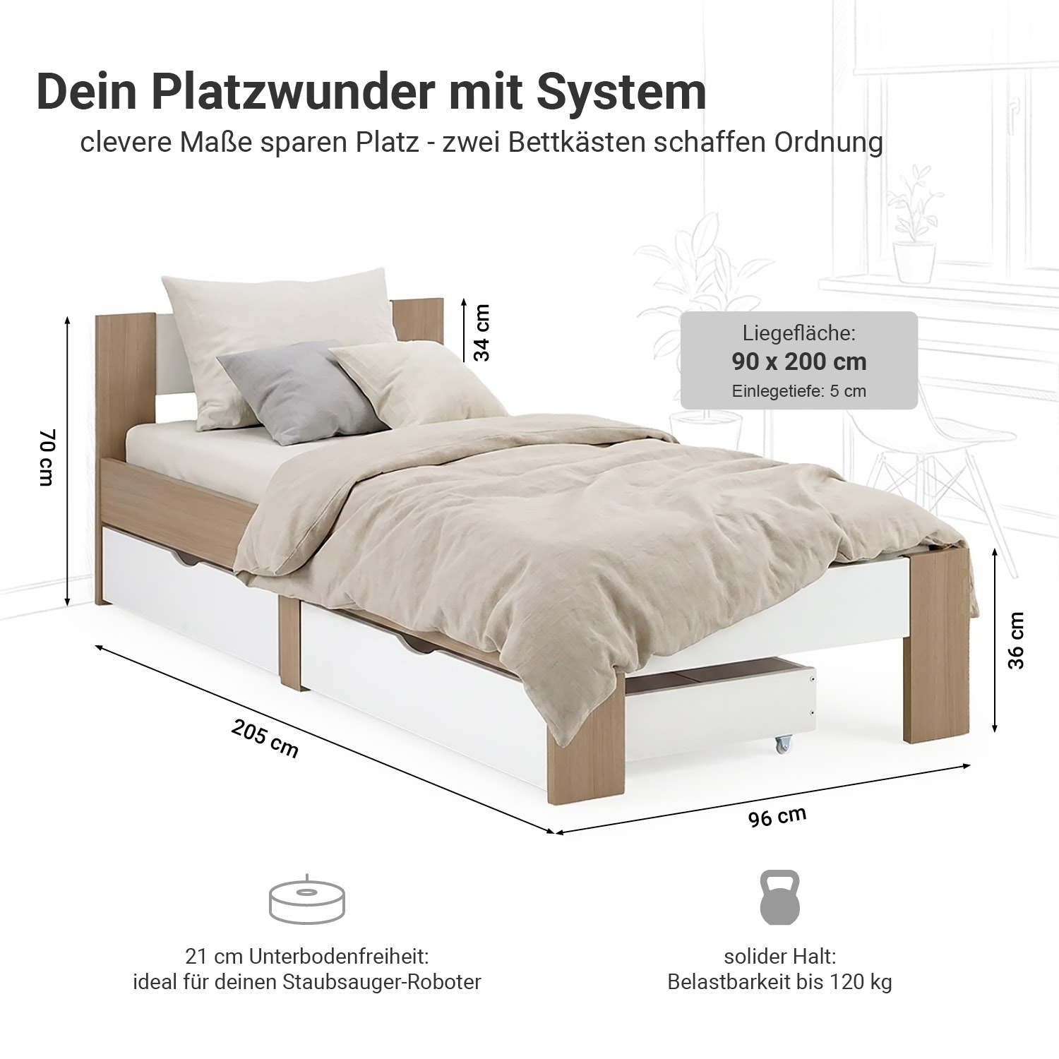 Holzbett 90x200 mit 2 Bettkästen Bett Eiche Braun Weiß Holzbett Bettgestell Jugendbett Einzelbett Matratze Lattenrost