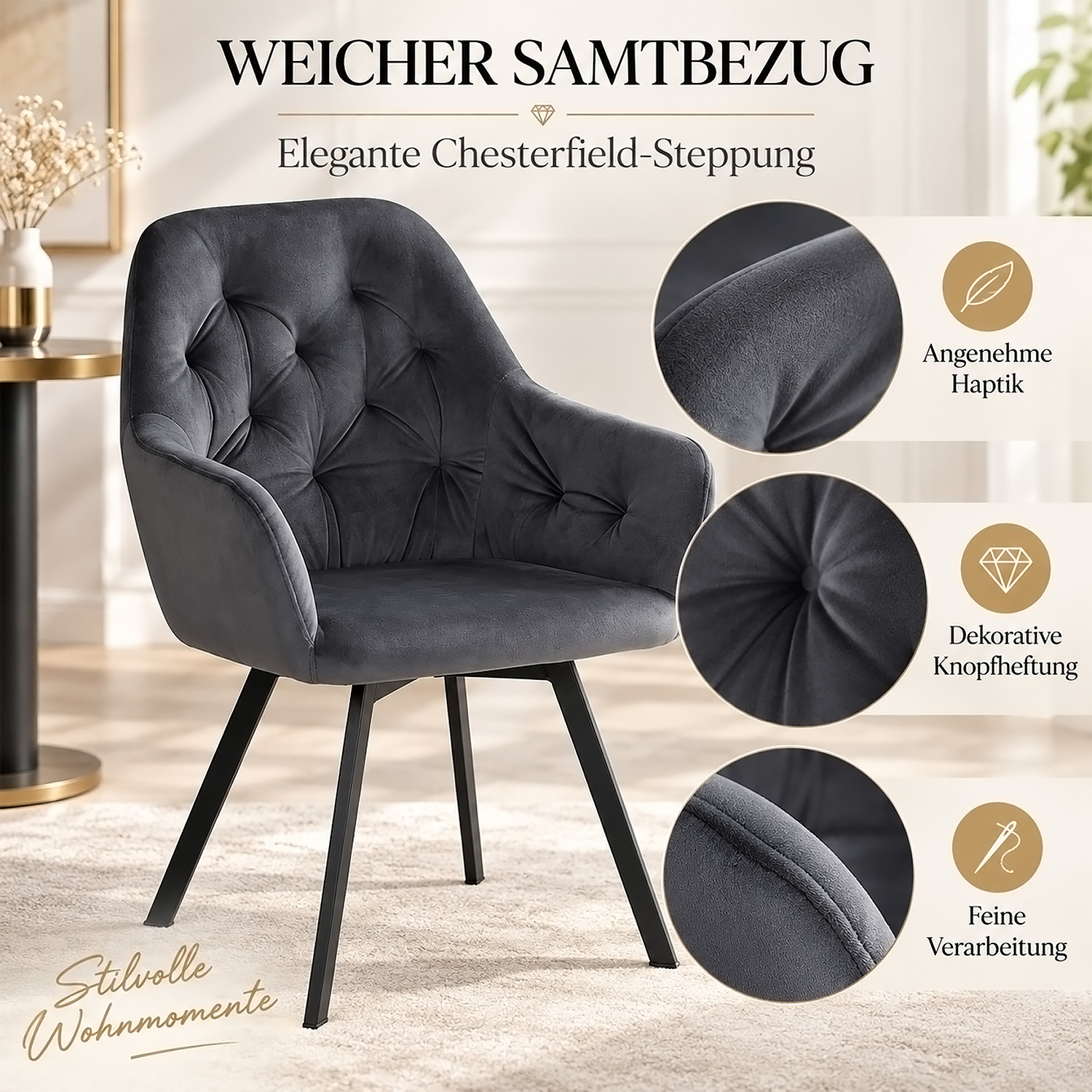 Set of 2 swivel upholstered chairs in gray velvet with armrests – Elegant dining chairs