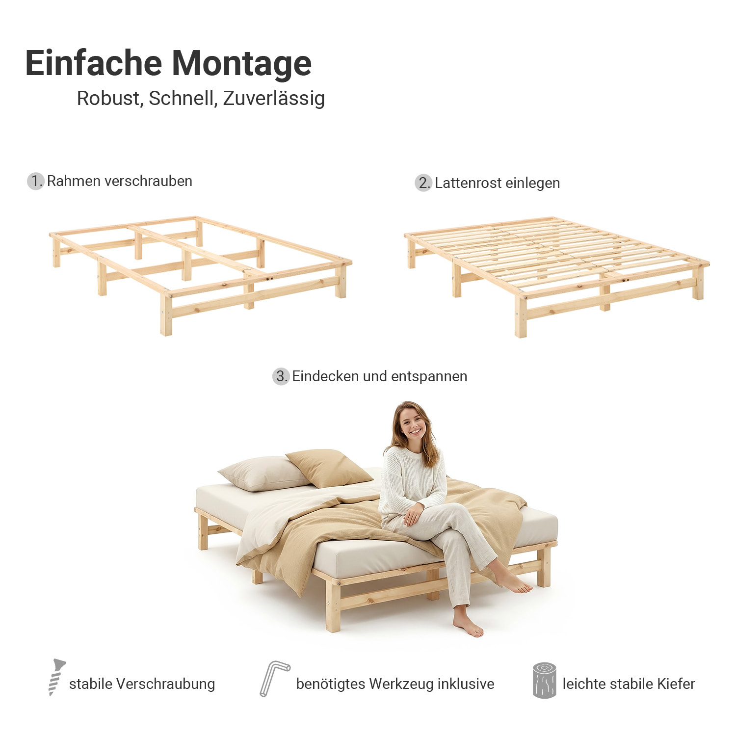 140x200 cm Natural Pallet Bed – Wooden Double Bed with Mattress & Slatted Base for Teen Rooms, Guest Rooms, and Bedrooms