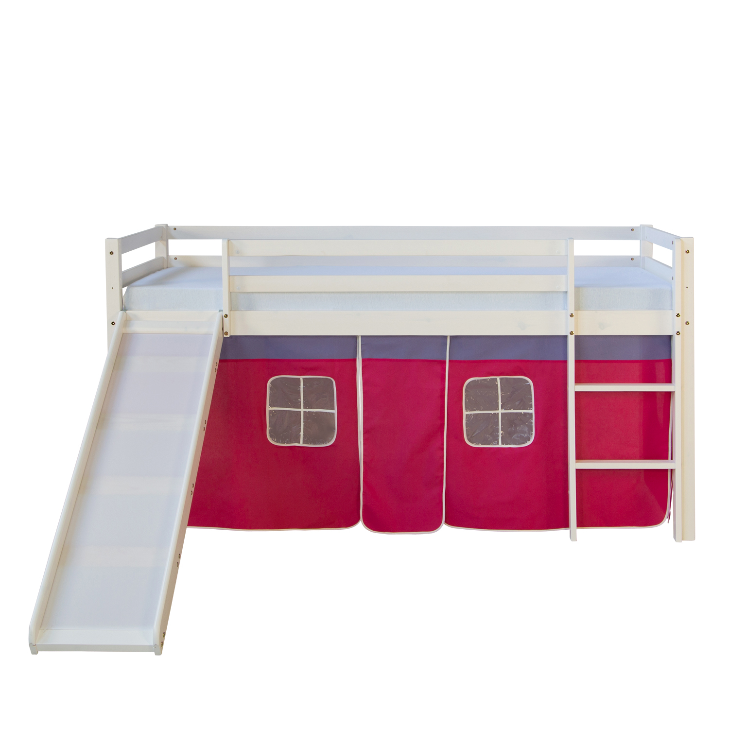 Loft Bed Kids 90x200 cm White with Curtain in Pink | Slide | without Slatted Frame Loftbed 90x200 cm with Slide Mattress Bunk bed Childrens bed Solid Pine Wood Slats Curtain Pink