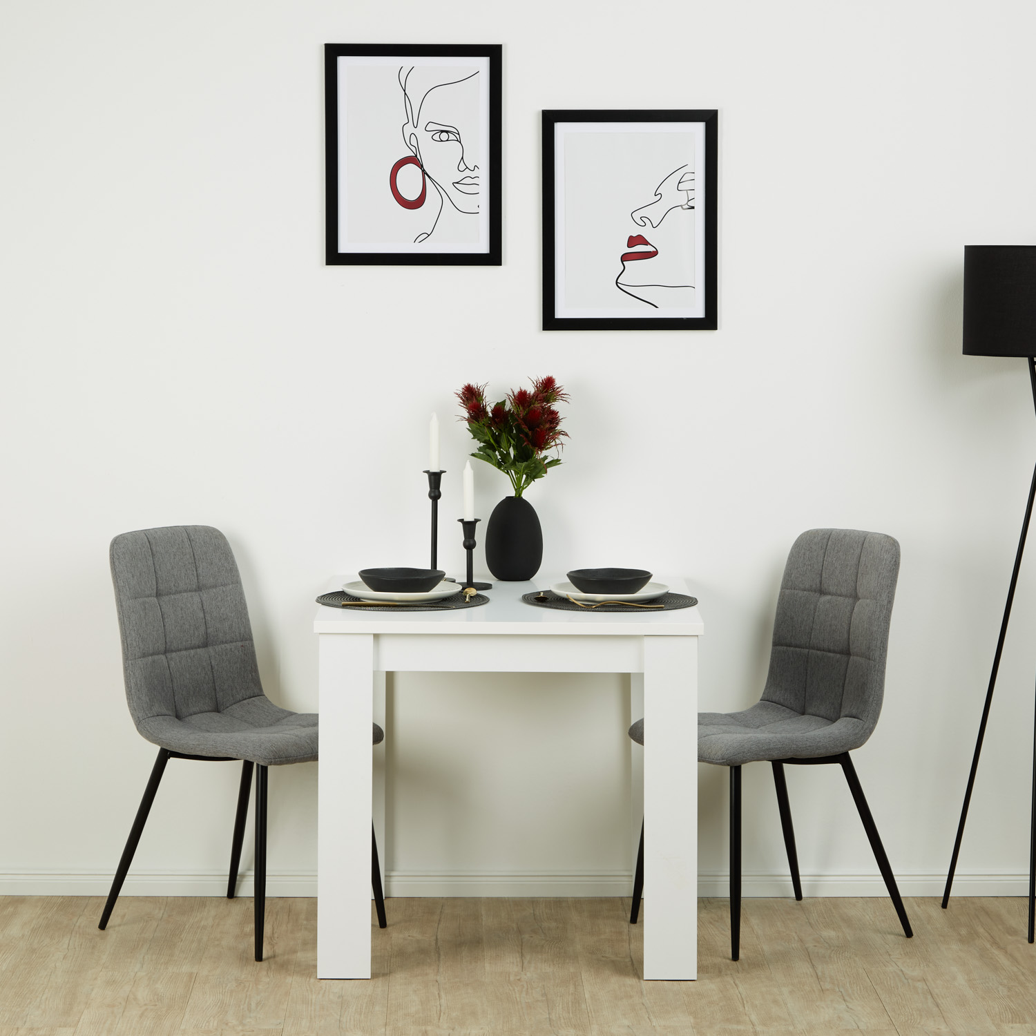 White 80x80 cm dining set + 2 gray upholstered chairs without armrests – Modern & space-saving