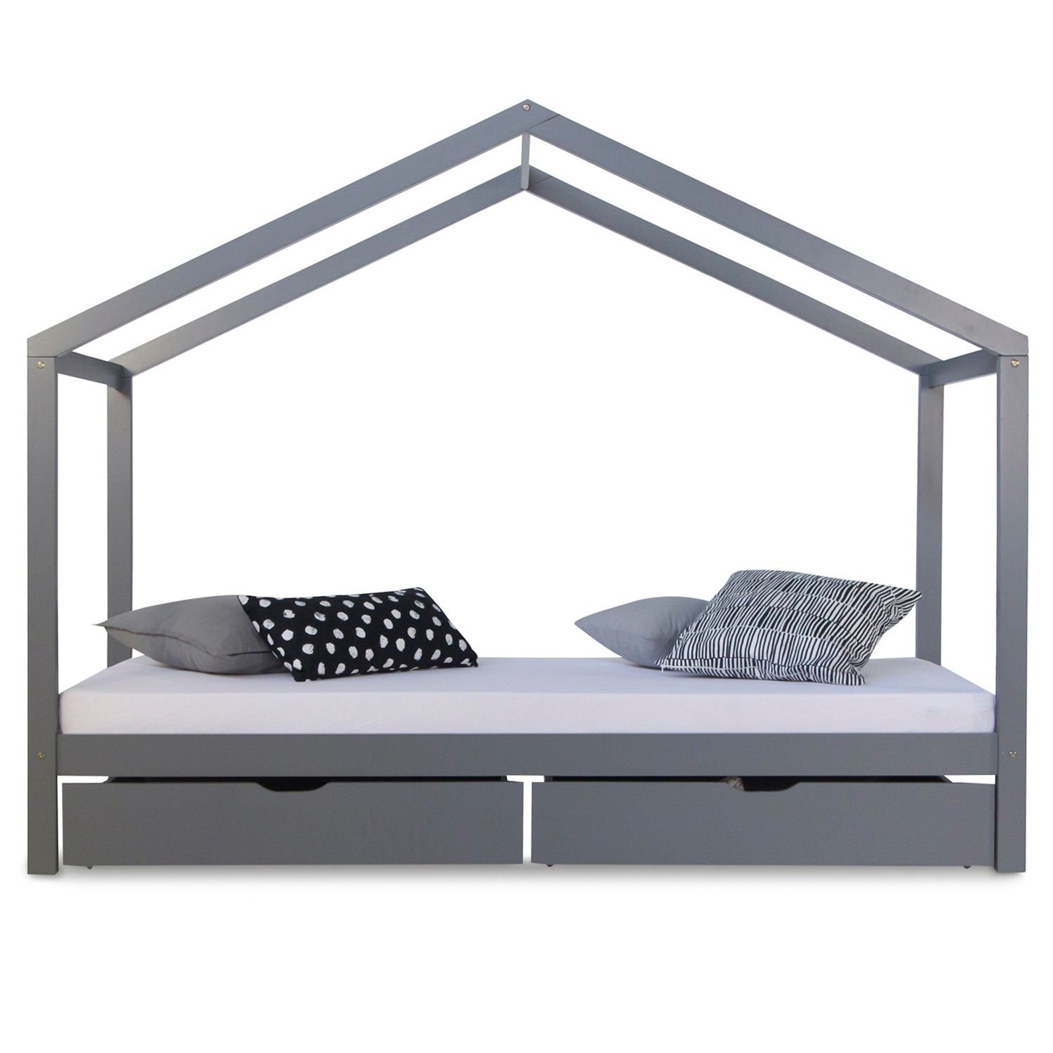 Children's Bed 90x200 cm Gray | House Bed with Drawers | Single Bed | with Slatted Frame | Wood