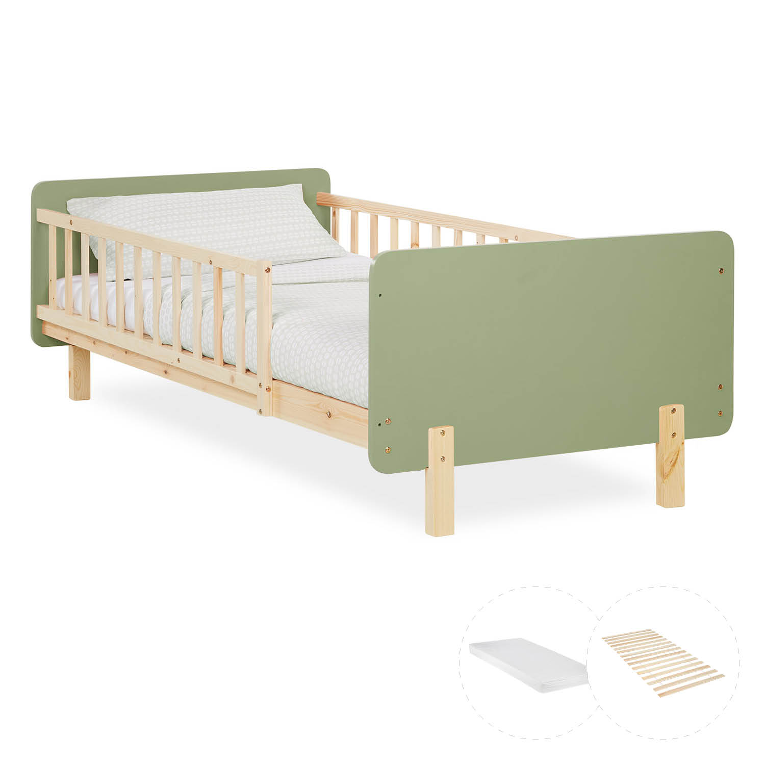 Single bed 90x200 cm Green with Mattress Wooden Bed frame Toddler bed with safety rail Kids bed Childrens bed Slatted frame