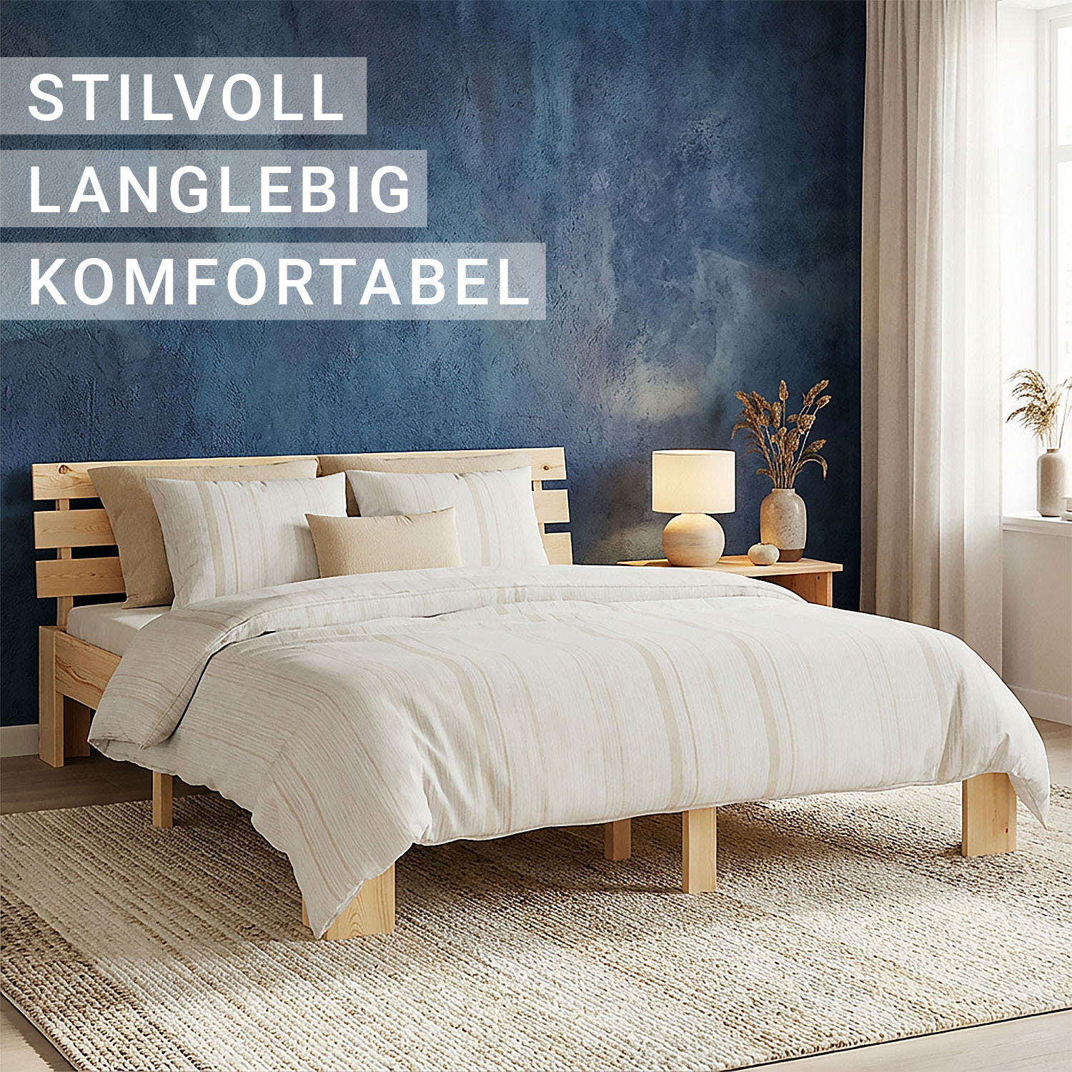 Wood Bed 180x200 cm Natural | Double Bed | with Spring Mattress | Solid | Youth Guest Bedroom